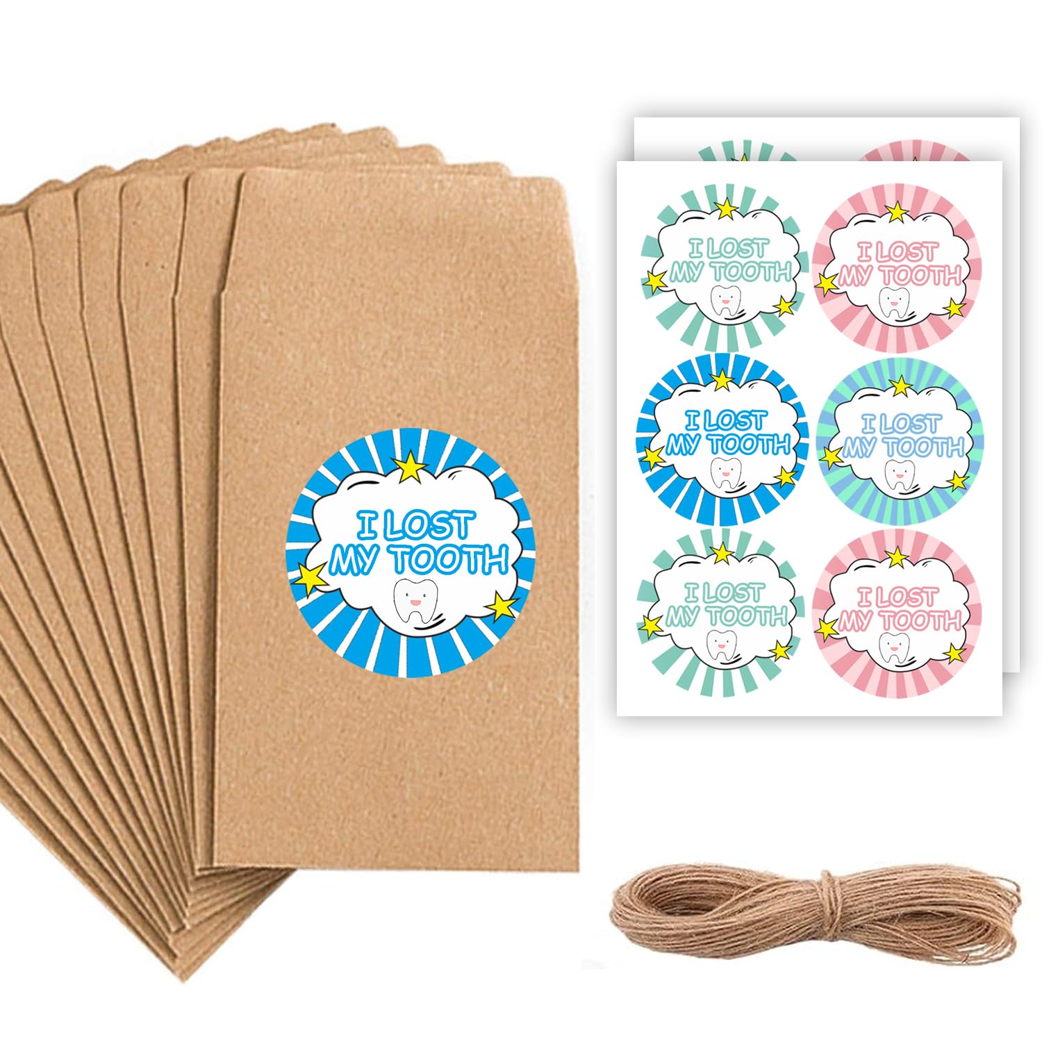 52 Pcs Lost Tooth Receipt Envelopes with 52 Pcs I Lost Tooth Stickers for Lost Tooth Certificate for Children Milk Teeth Storage Fairy Bag Classroom Party Supply