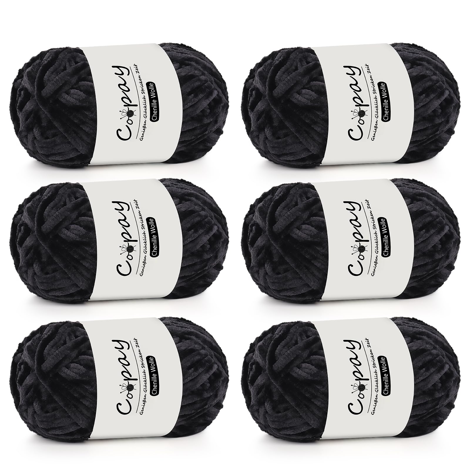Coopay Chenille Wolle zum Häkeln, 6x100g Weiche Samtig Chenillegarn, Flauschige Dicke Wolle zum Stricken, Warme Plüschwolle Häkelgarn für Decken, Schals, Mützen