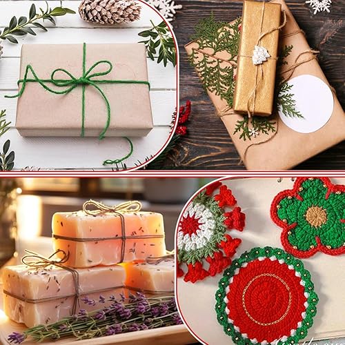 Miniatura 7 de Vivifying - Cuerda de Navidad de 328 pies x 3 rollos, 2 mm, color rojo, verde, marrón, de yute, para envolver regalos y manualidades DIY, cuerda