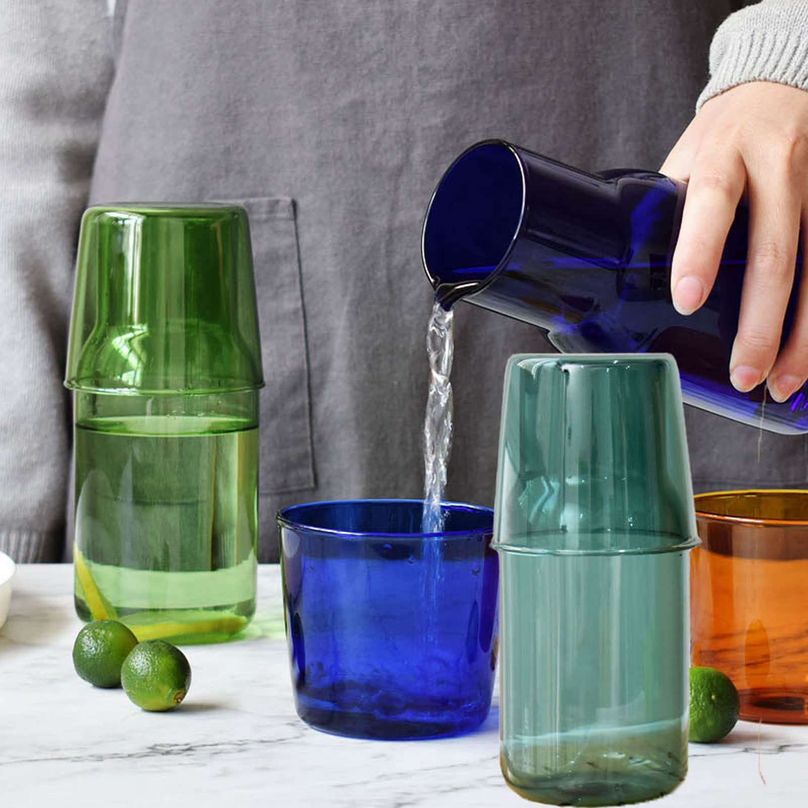 Nachttisch Glas Wasserkaraffe Set mit Tasse, Glaskaraffe mit Deckel Mundspülbecher für Schlafzimmer Badezimmer Saft Weinmilch