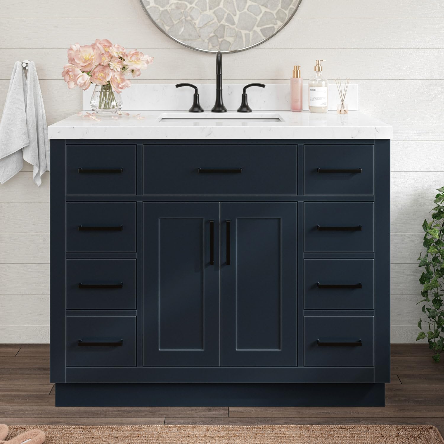 ARIEL Hepburn 42 Inch Single Sink Bathroom Vanity in Midnight Blue, 1.5" Edge Carrara Quartz Top, Solid Wood, Rectangular Sink, 2 Soft Closing Doors,