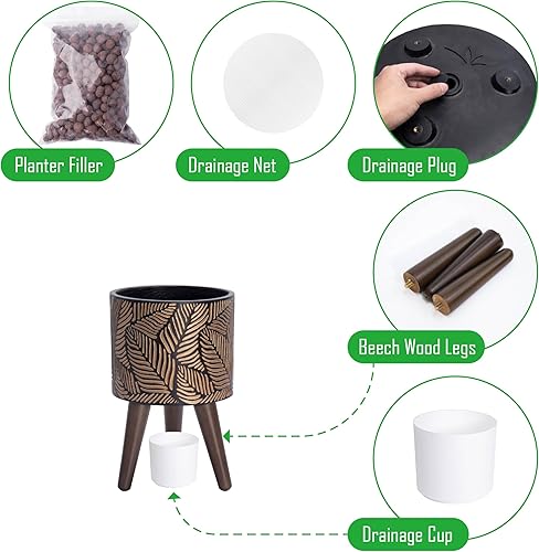 Miniatura 4 de Macetero alto de interior con soporte, diseño de hojas, macizo, vertical con orificio de drenaje, S, BronceGris