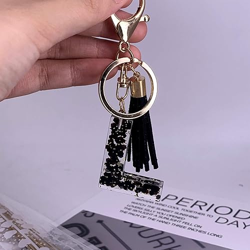 Miniatura 4 de SELOVO Llavero con inicial, letra negra, alfabeto y borla, llavero para bolso