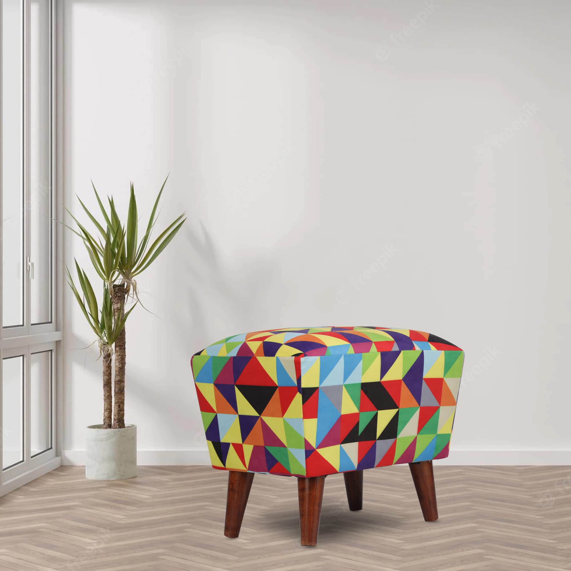 Globally Indian Rectangular Puff in Sheesham Wood (Geometric Triangle Multi)