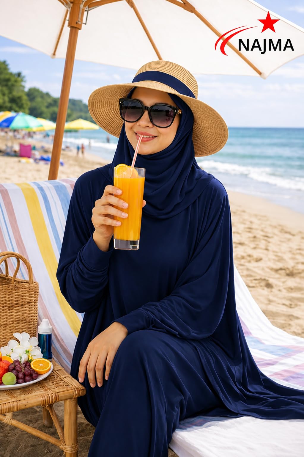 NAJMA Jilbeb de Bain Femme 3 Pièces – Burkini Modeste avec Hijab Intégré – Maillot de Bain Couvrant Anti-UV UPF50+ – Séchage Rapide, Respirant – Plage Piscine Sport