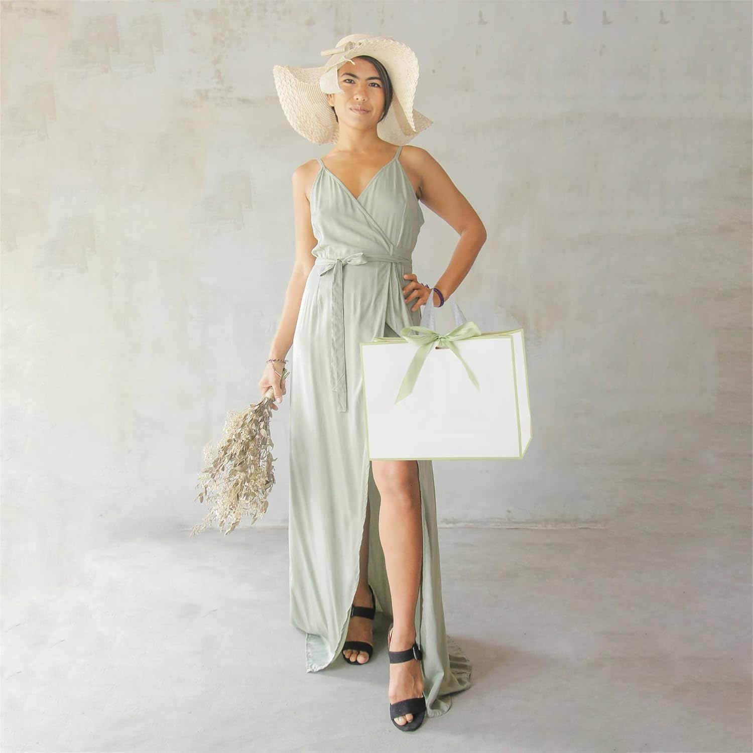 STOBOCTER 12 Pcs Thank You Gift Bags with Handles 12.6x4x9.1'' Elegant Paper Gift Bags with Bow Ribbon Gift Wrap Bags for Wedding Bridal Shower Father's Day Housewarming Birthday(White, Sage Green) - Image 7