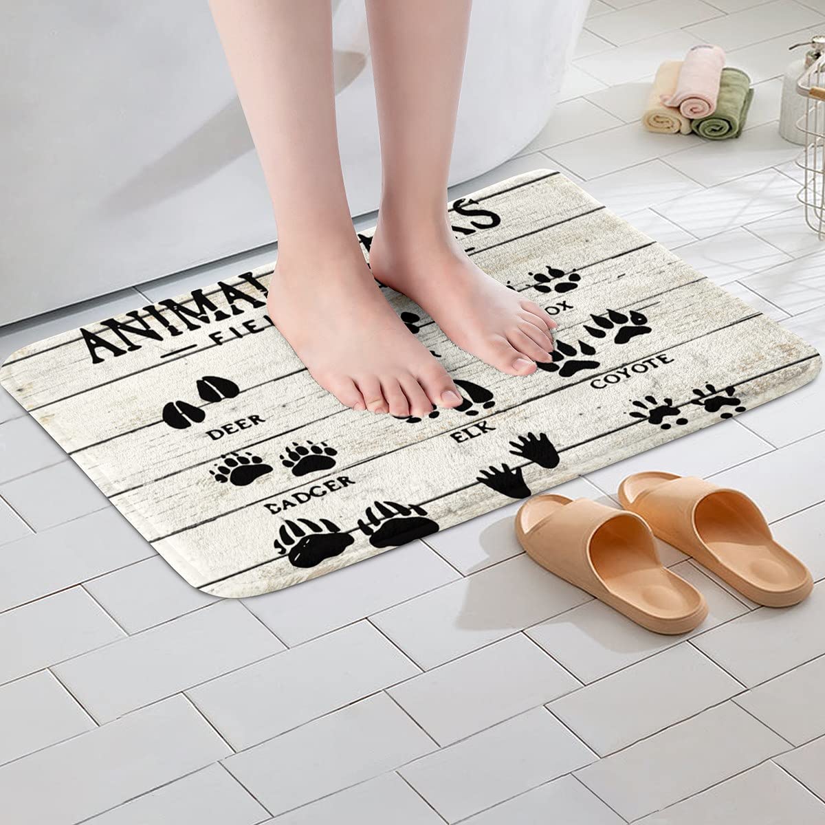 Bear Paws Bathroom Rugs Kids Farmhouse Wild Animal Paw Bath Mats Non Slip Boys Girls Nature Fox Deer Theme Bath Rugs for Bathroom Retro Wood Grain Bathroom Accessories Doormats Floor Mat 20
