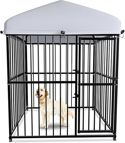 LUCKYERMORE Perrera grande de hierro forjado para exteriores, antioxidante, desmontable, fácil montaje, corrales para perros con cubierta