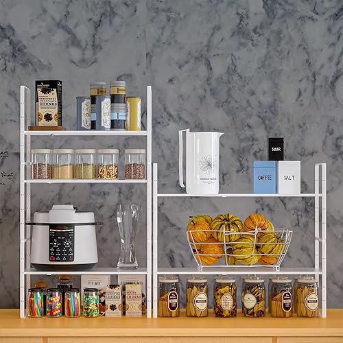 Miniatura 3 de Paquete de 2 organizadores de estantes de gabinete de cocina expandibles, estantes de almacenamiento de despensa de metal apilables, estante