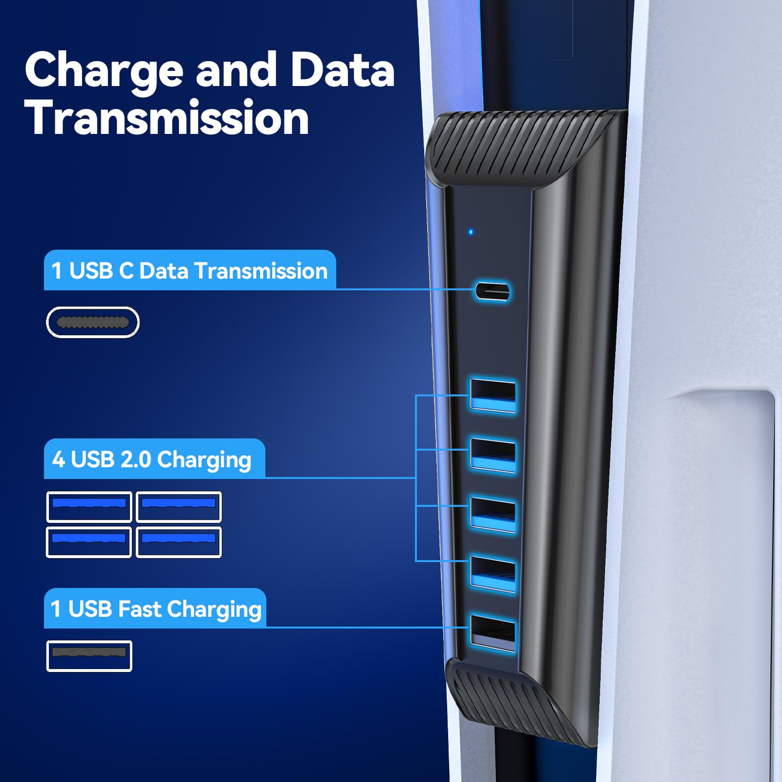 PS5 Lüfter und PS5 USB Hub mit 6 USB Anschlüsse, PS5 Kühler mit PS5 USB Erweiterung, PS5 Lüfter Kühler mit 3 Stufig PS5 Kühlung für PS5 Digital & Disk und PS5 Zubehör