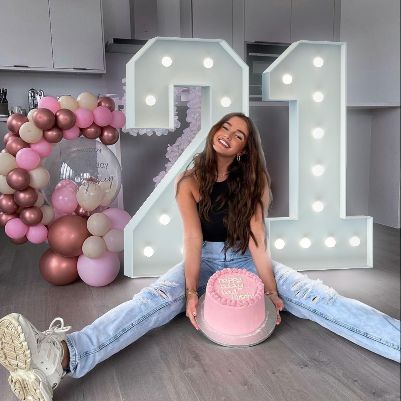 21st Birthday Decorations 4FT Large Light Up Numbers Big Marquee Number for 21st Birthday Anniversary Party Decor Light Up Cardboard Mosaic Arch Stand Pre-cut Foam
