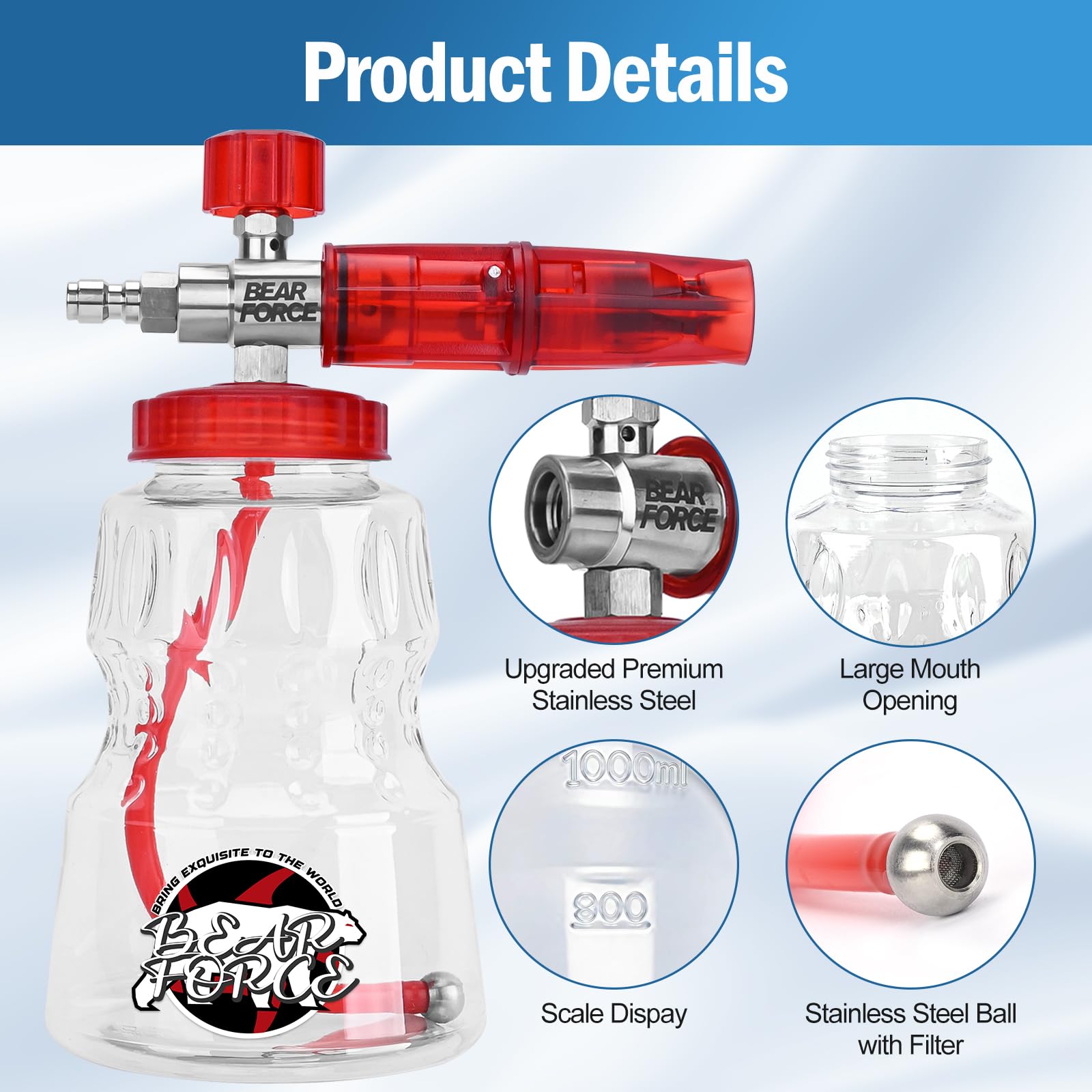 BEARFORCE Idropulitrice in acciaio inox schiuma cannone con 1/4 "Quick Connector & 1.25mm & 1.10mm ugello, lancia schiuma neve regolabile con 1L serbatoio sapone per idropulitrice 800~5000PSI