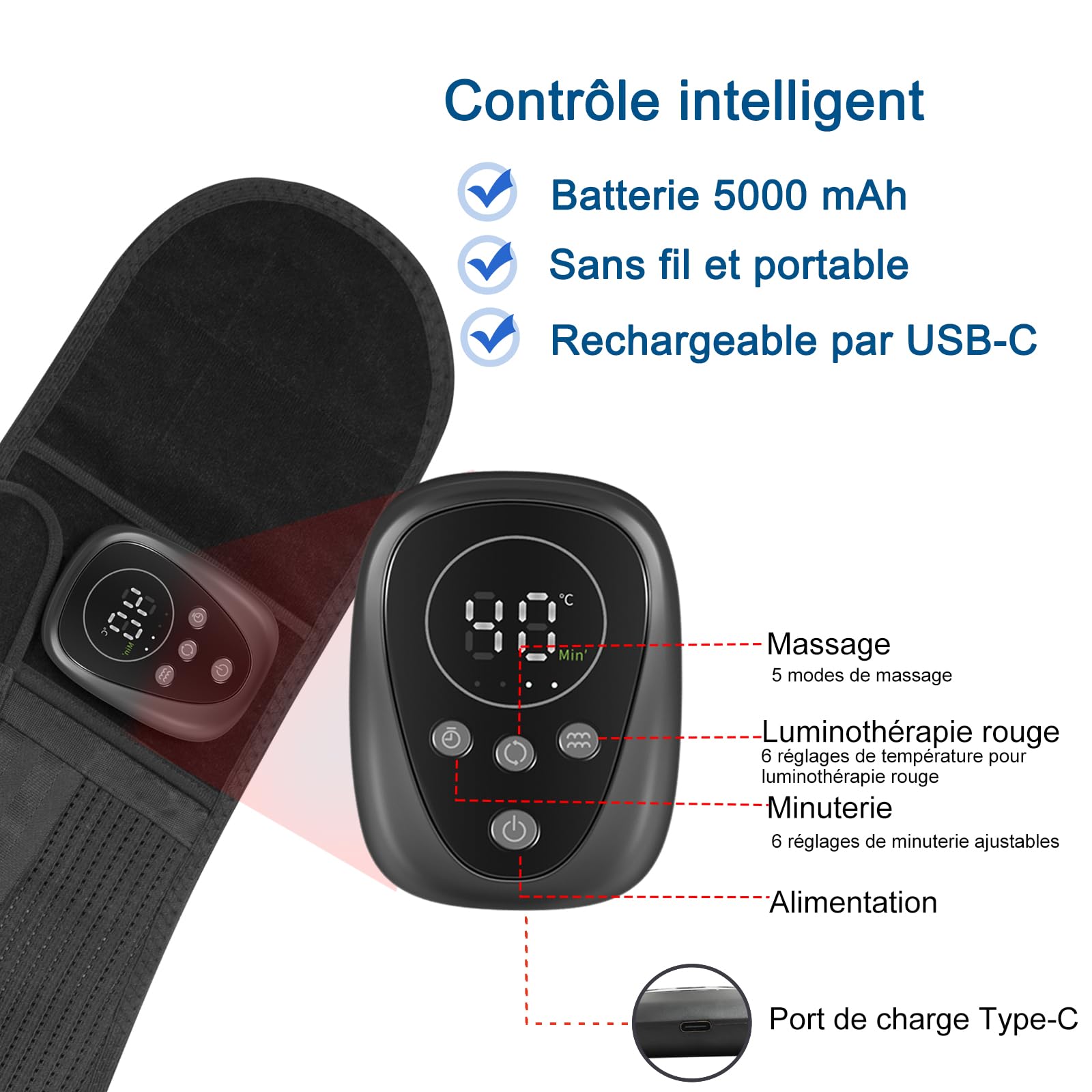 Ceinture de massage du dos chauffante sans fil avec thérapie à la lumière rouge, batterie de 5000 mAh, ceinture chauffante pour soulager la douleur et se détendre, idéale pour la récupération