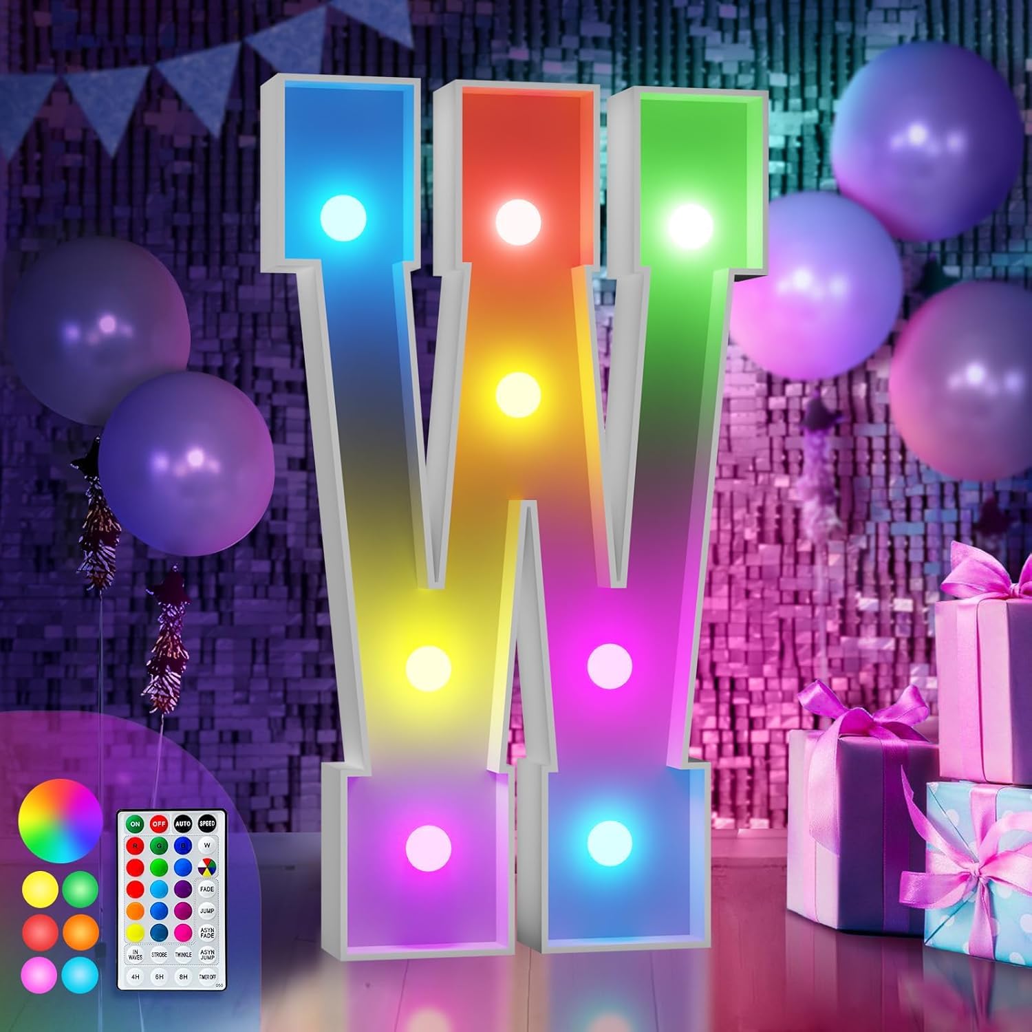 Lettre W lumineuse de couleur et chiffres de chapiteau de 91 cm pour scénographie de mariage