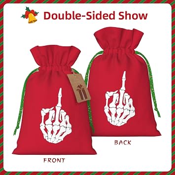 Saying Fu-Ck Off Middle Finger Christmas Gift Bags, Santa Wrapping Bags, With Drawstring And Tags Reusable, Xmas Presents Bag, Holiday Party Favors, Birthday & Christmas Gift