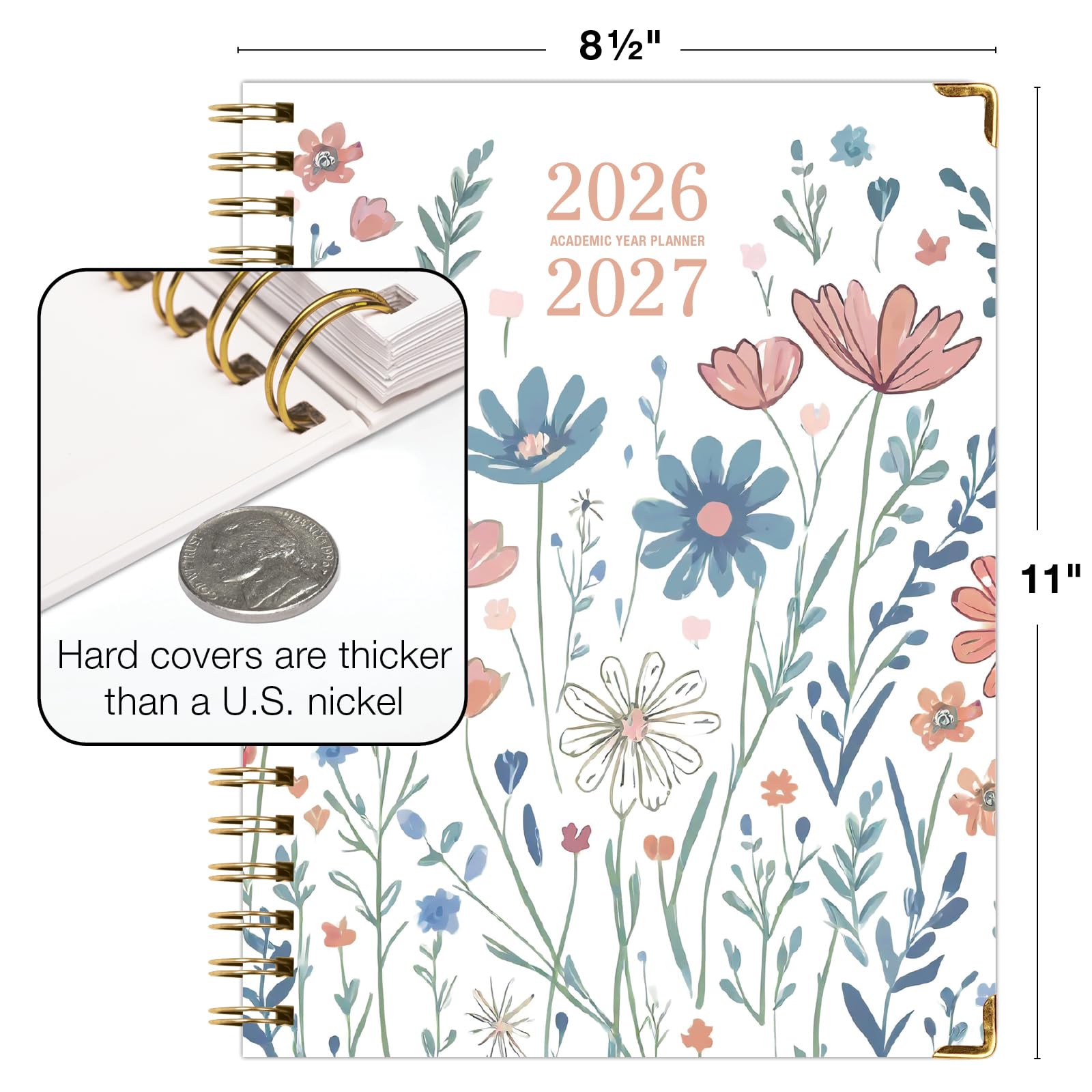 Excello Brands 2026-2027 - Agenda scolastica con copertina rigida, 21,6 x 28 cm, settimanale/mensile, 15 mesi, motivo botanico colorato