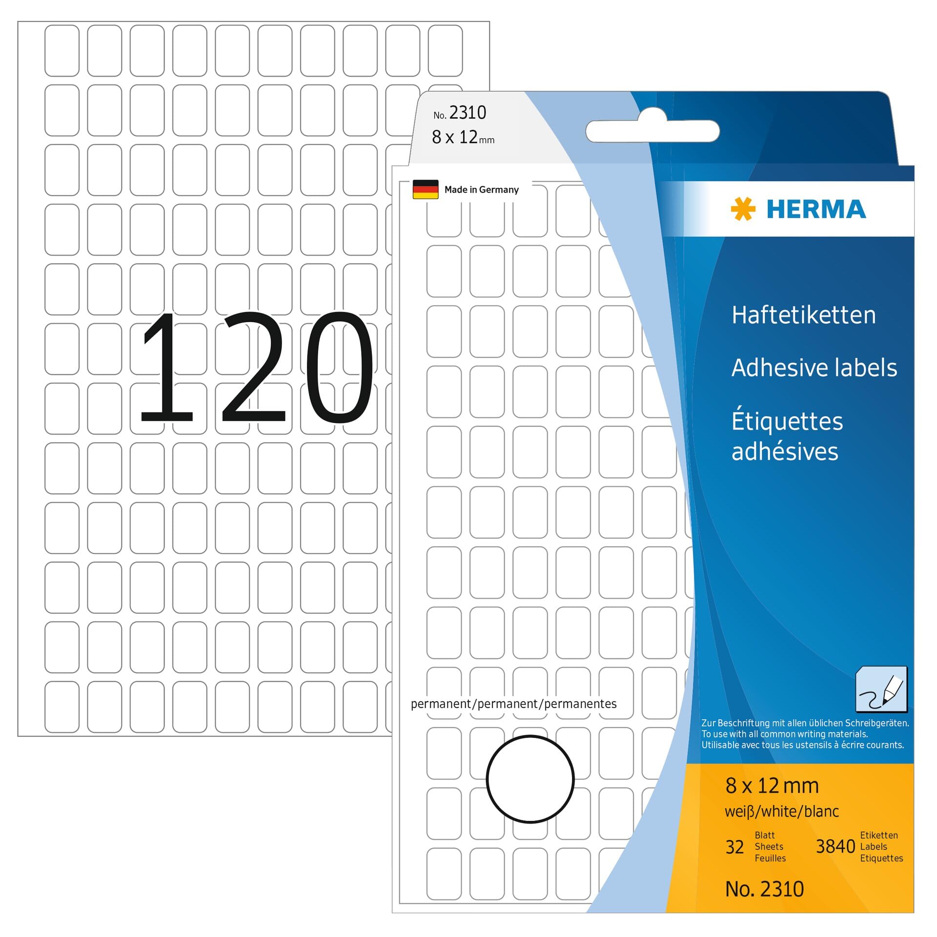 HERMA 2310 etykiet wielofunkcyjnych, 3840 sztuk, 8 x 12 mm, 120 na arkusz, samoprzylepne, etykiety do gospodarstwa domowego, do opisywania, matowe, czyste naklejki na papier, białe