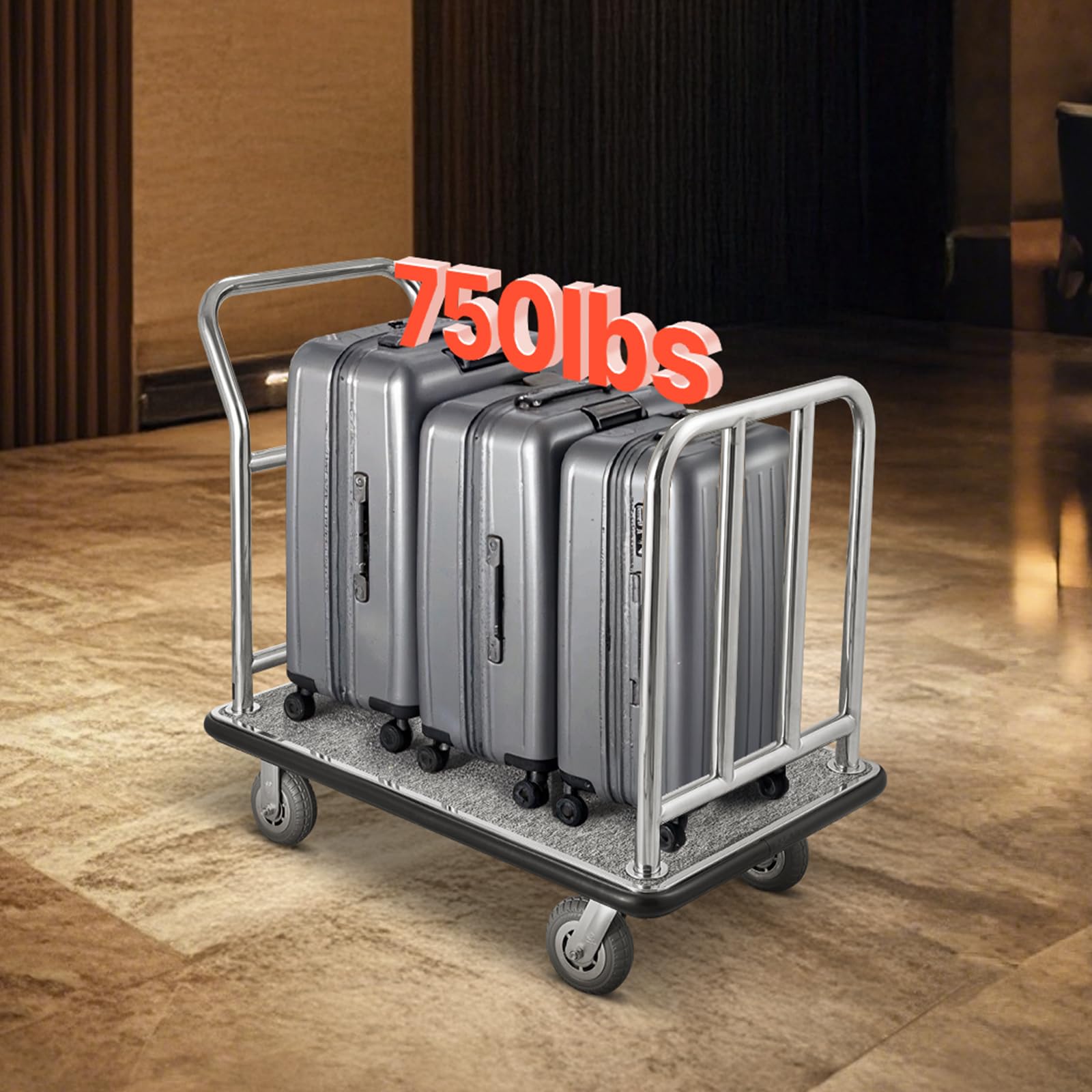 VEVOR Chariot à Bagages Hôtel, 340 kg, Chariot à Plate-Forme de Concierge, Cadre Avant Amovible, avec Moquette Grise, Roues Caoutchouc 15,24 cm, Porte-Bagages pour Hôtels, Condos, Complexes Hôteliers