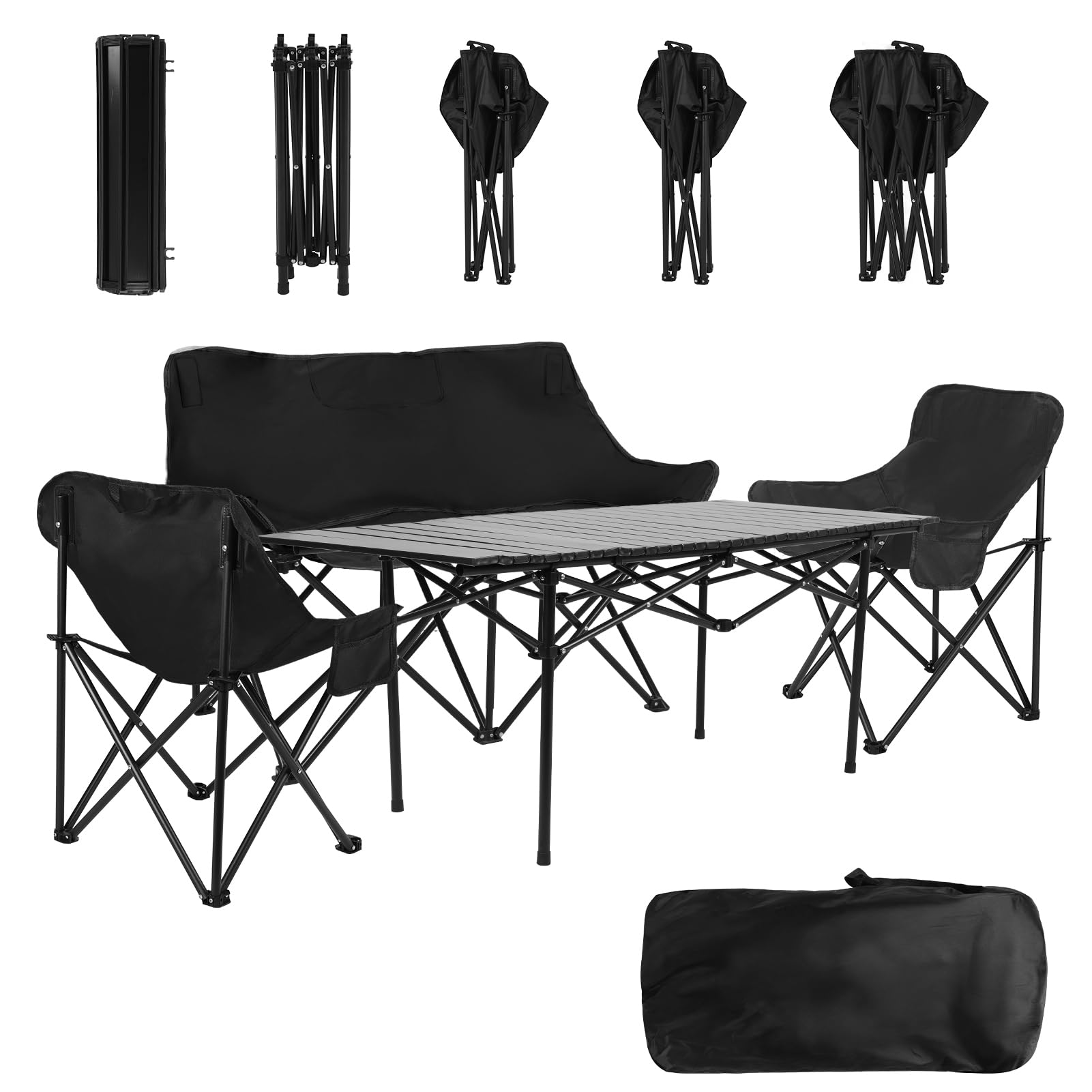 Canapé de Camping 2 Places, Set 4 Pièces avec Table et Fauteuils Pliables