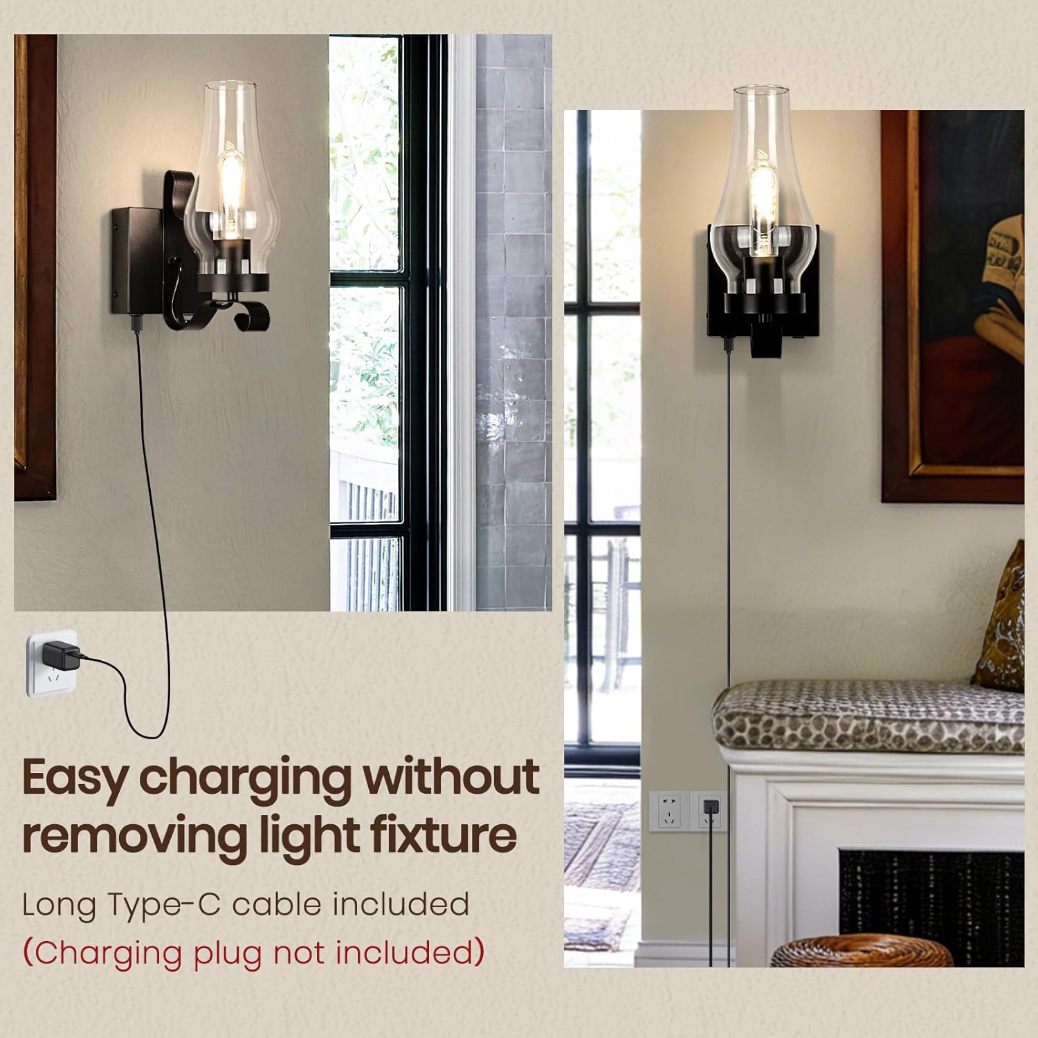 Battery Operated Wall Sconce, Rechargeable Rustic Wall Lights, Non-Hardwired Antique Kerosene Wall Lamps, Black Vintage Bedside Wall Sconces with Remote Control for, Living Room, Hallway etc