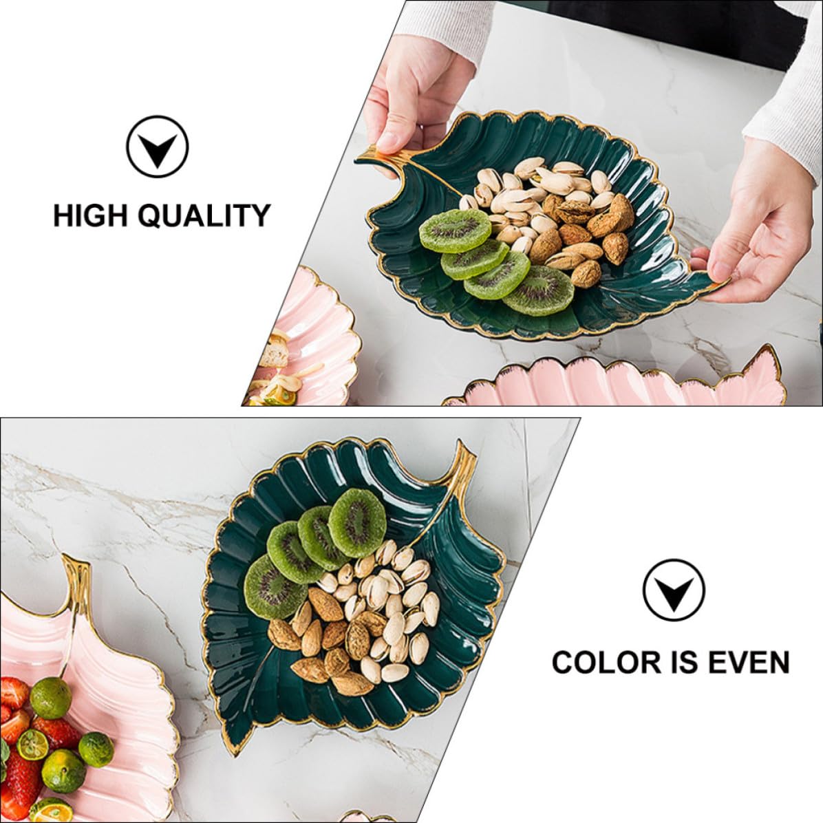 Operitacx Bandeja Decorativa Multifuncional de Cerámica Verde Borde Dorado en Forma de Hoja para Joyas y Postres, Adecuado para Escritorio o Recibidor