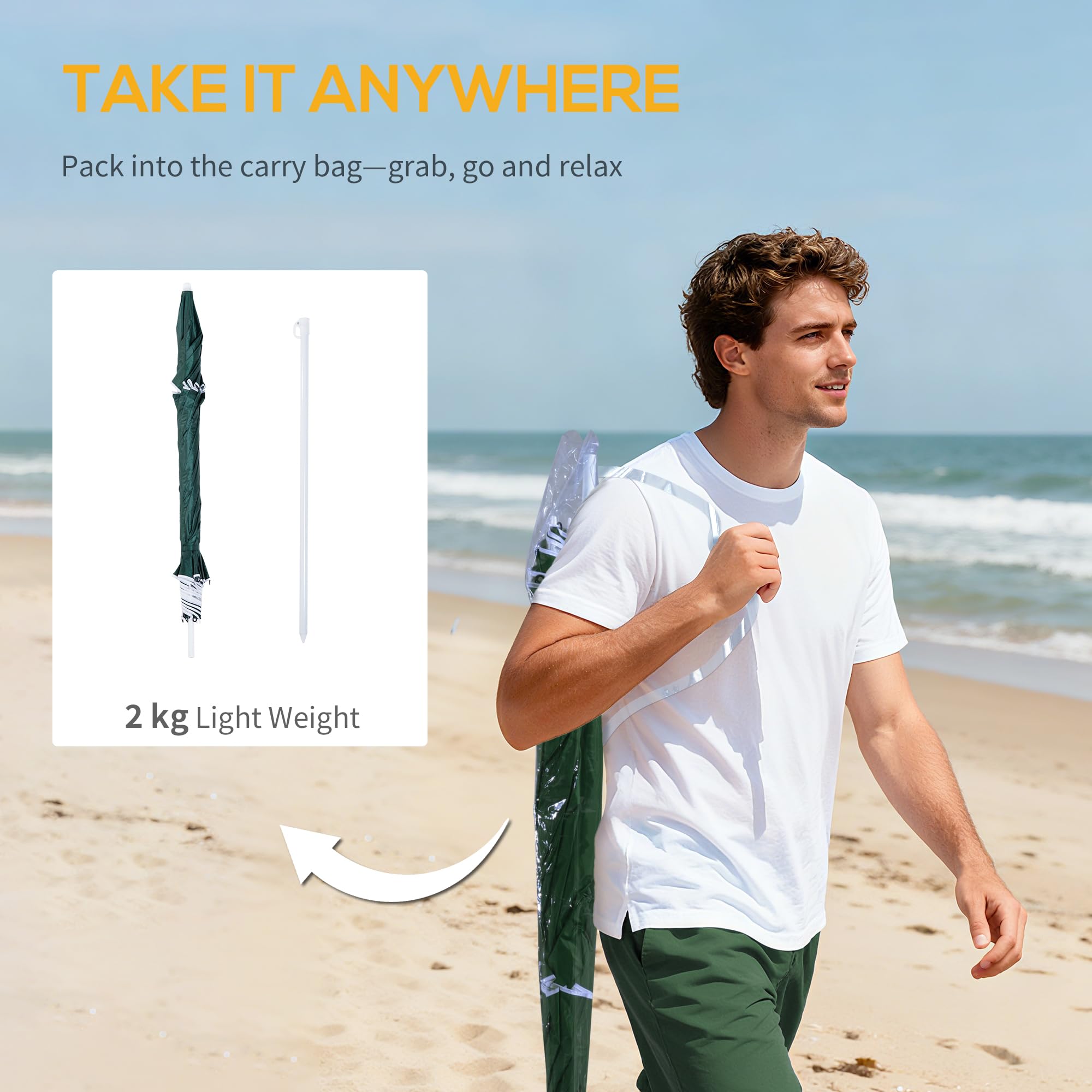 Outsunny Parasol de Plage Parasol abri Solaire Contemporain Protection UPF 50+ Sac Transport fourni Vert foncé