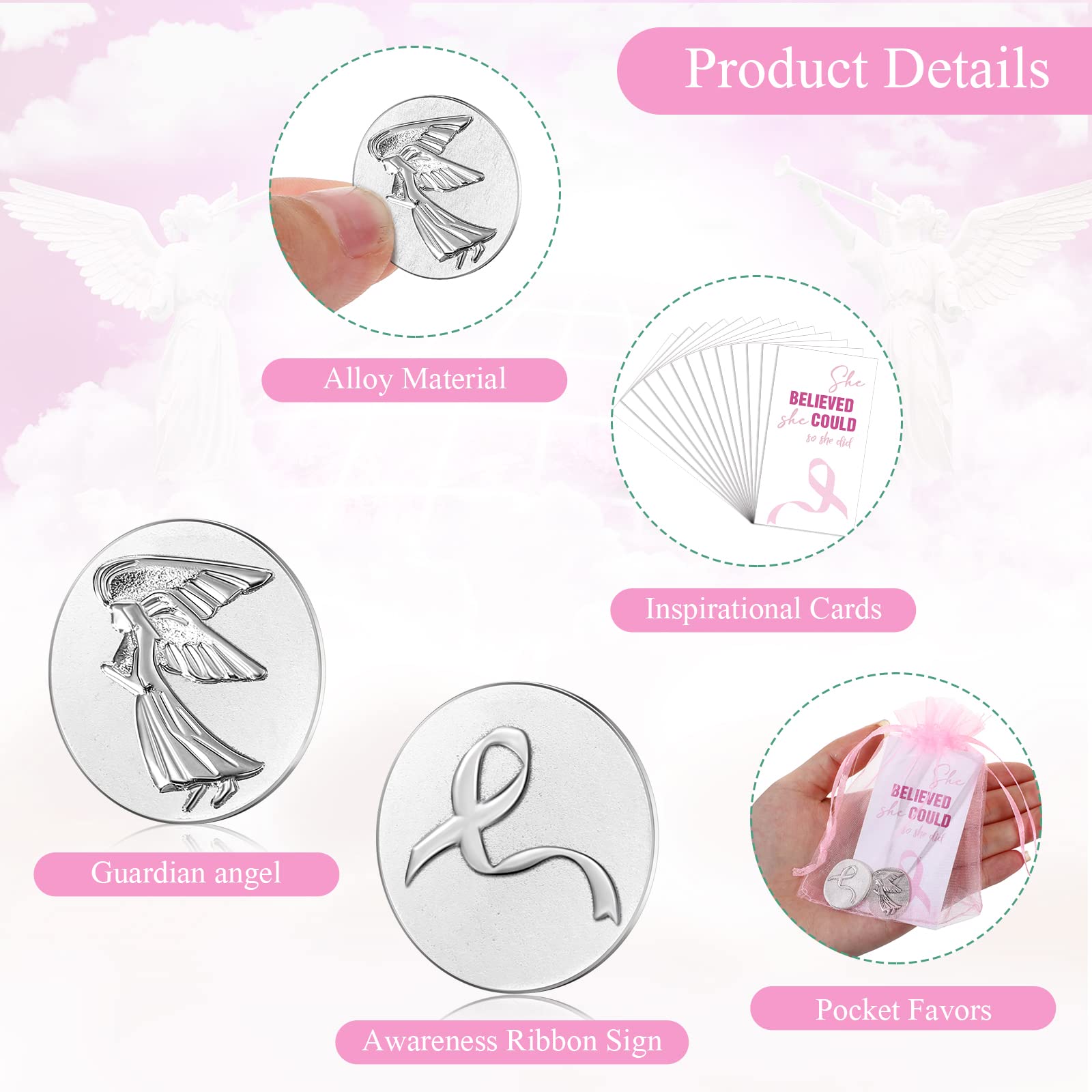 Amazon.co.jp: インスピレーションを与える天使のサインコインセット ポケットエンジェルトークンコイン メモリアルカード  ホワイトオーガンザバッグ 幸運 信仰 天使のチャーム 葬儀用品のプレゼント (乳がんテーマ、30ピース) : ホーム＆キッチン