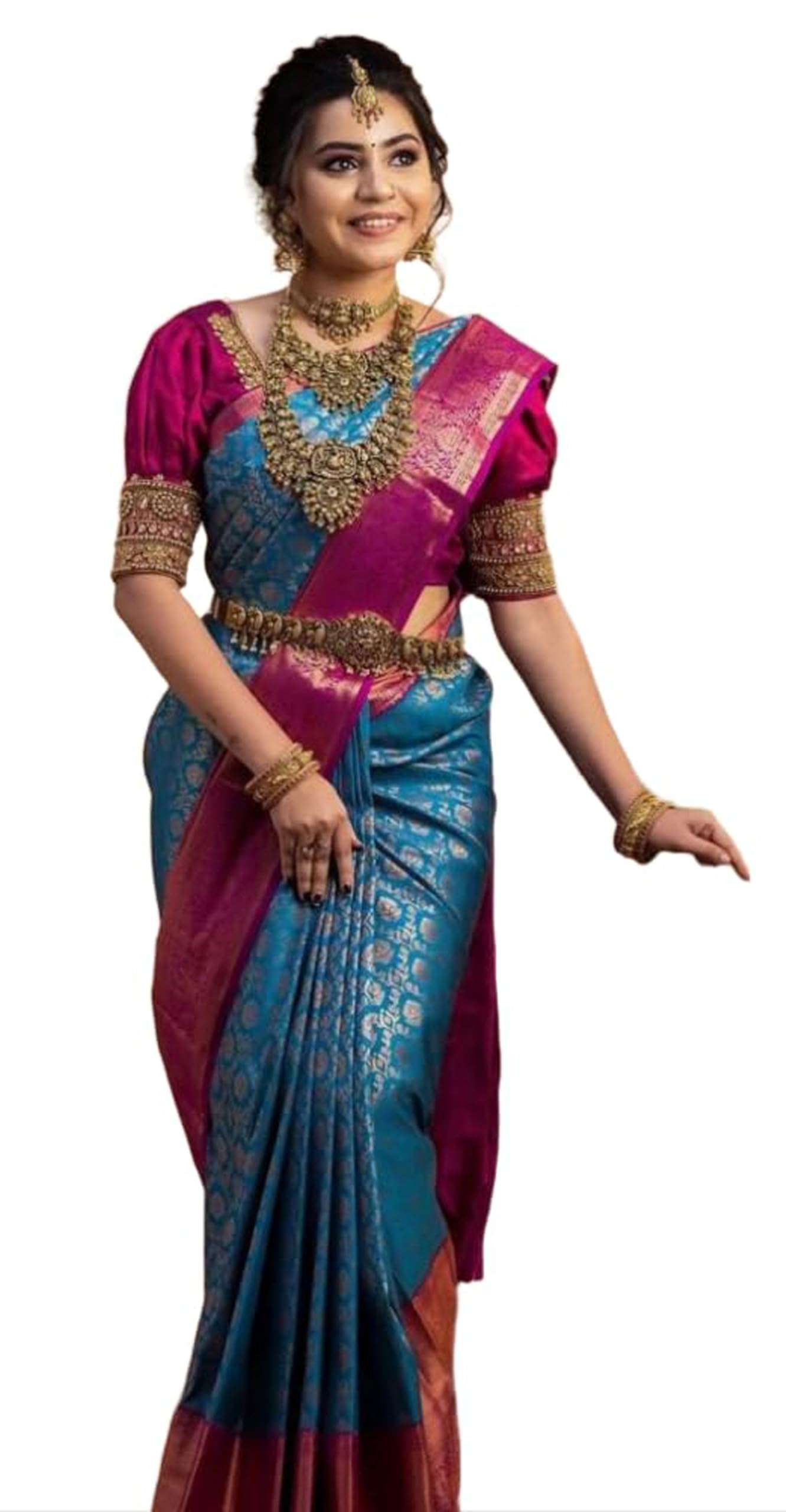 Indyjskie Sari Dla Kobiet W Stylu Kanjivaram Niebieskie Sari Banarasi Jacquard Z Nieszytą Bluzką