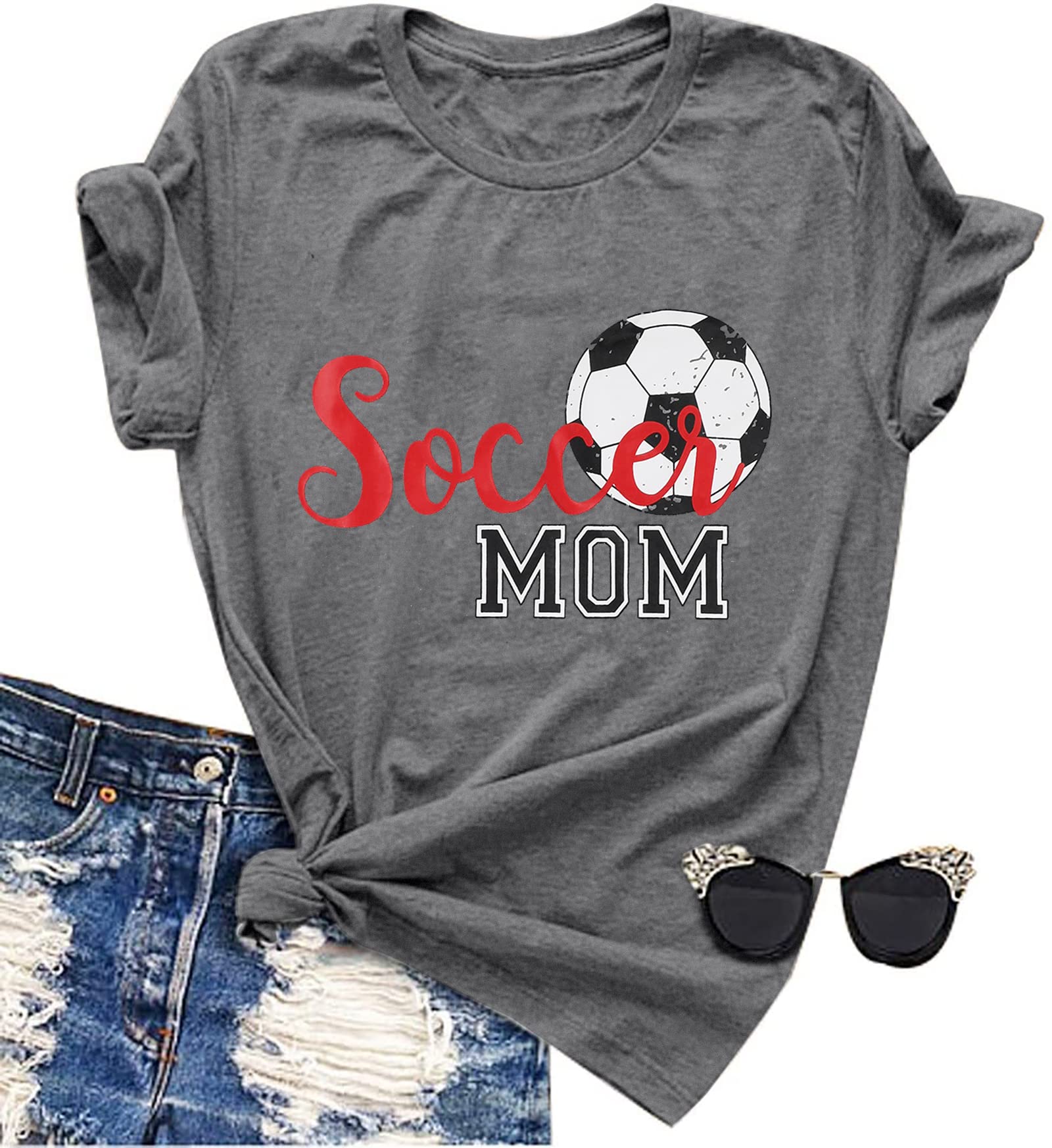 Soccer Mom Shirt Woman Funny Ball Mom T-Shirt Cute Letter Printed Graphic Tee Causal Short Sleeve Tops