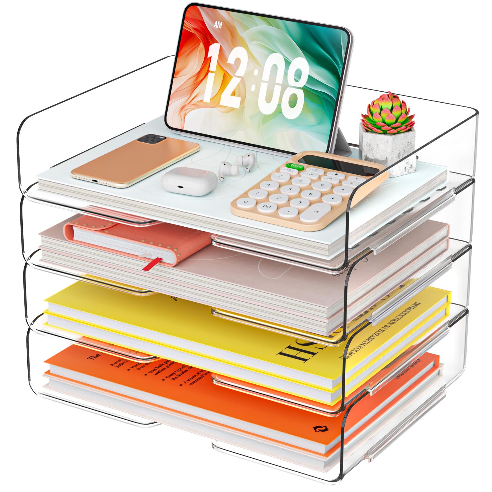 yklslh 4 trays paper organizer letter tray - acrylic desk file organizer, stackable clear paper holder sorter office organizer for letter/a4, office file ipad books notes etc
