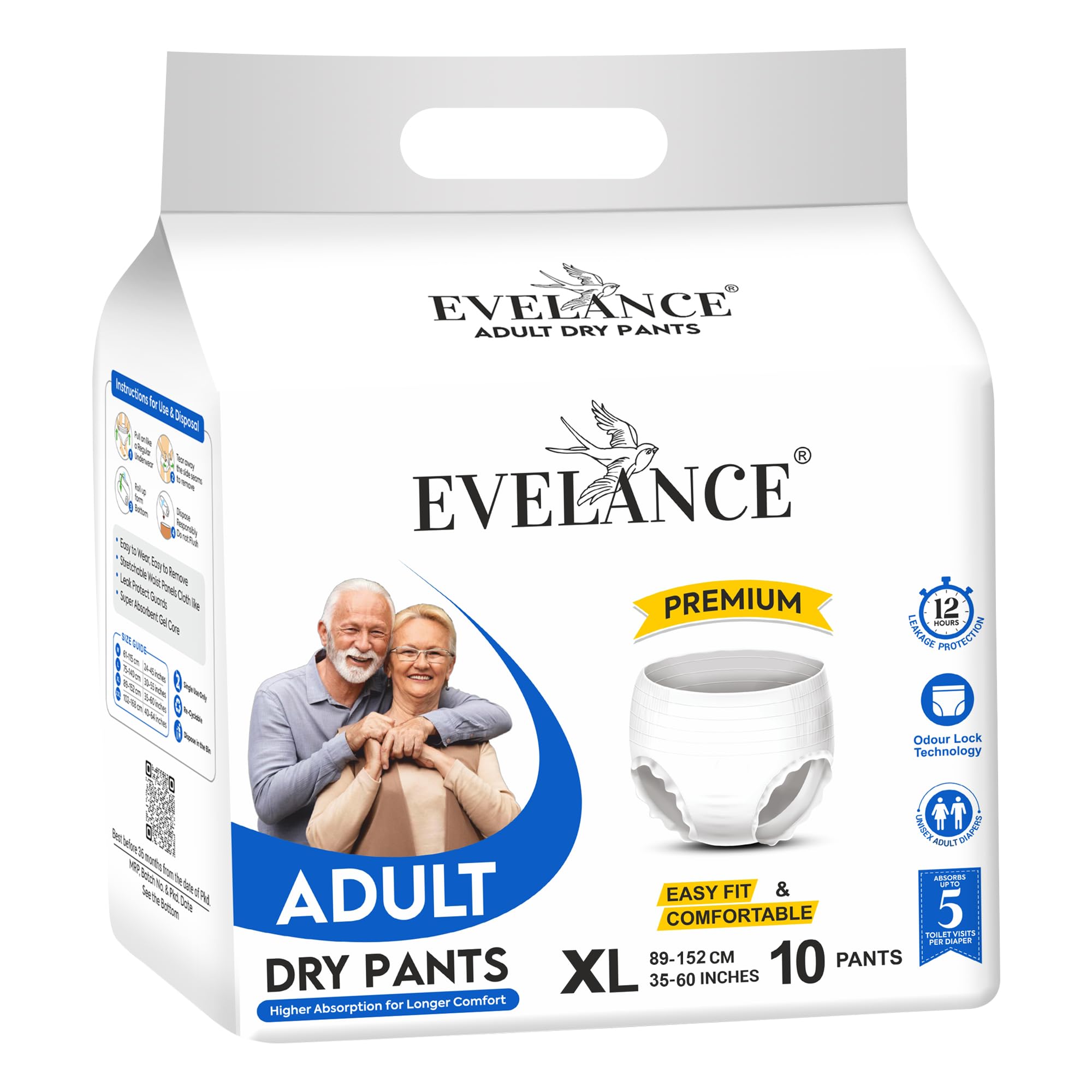evelance adult diaper pants style | adult diaper extra large size | waist (89-152 cm | 35-60inches) |12 hr absorption-protection | unisex with wetness indicator | goodness of 3x protection | 10 units