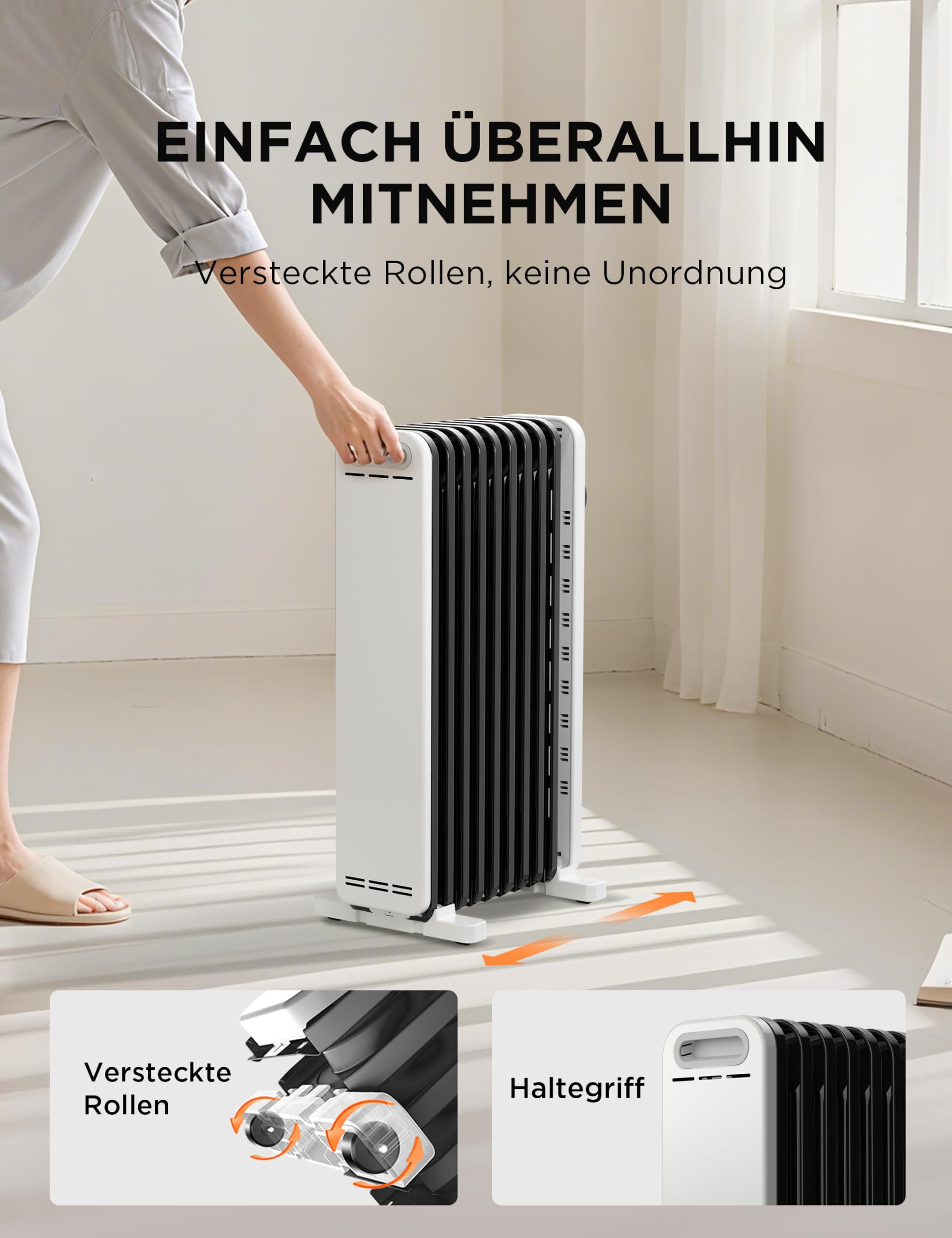 Midea Ölradiator, 2000W 9 Rippen tragbarer Elektroheizer mit Drehknopfregelung und einstellbarem Thermostat, 3 Heizstufen, Kipp- und Überhitzungsschutz, ultra-leise im Büro & Zuhause
