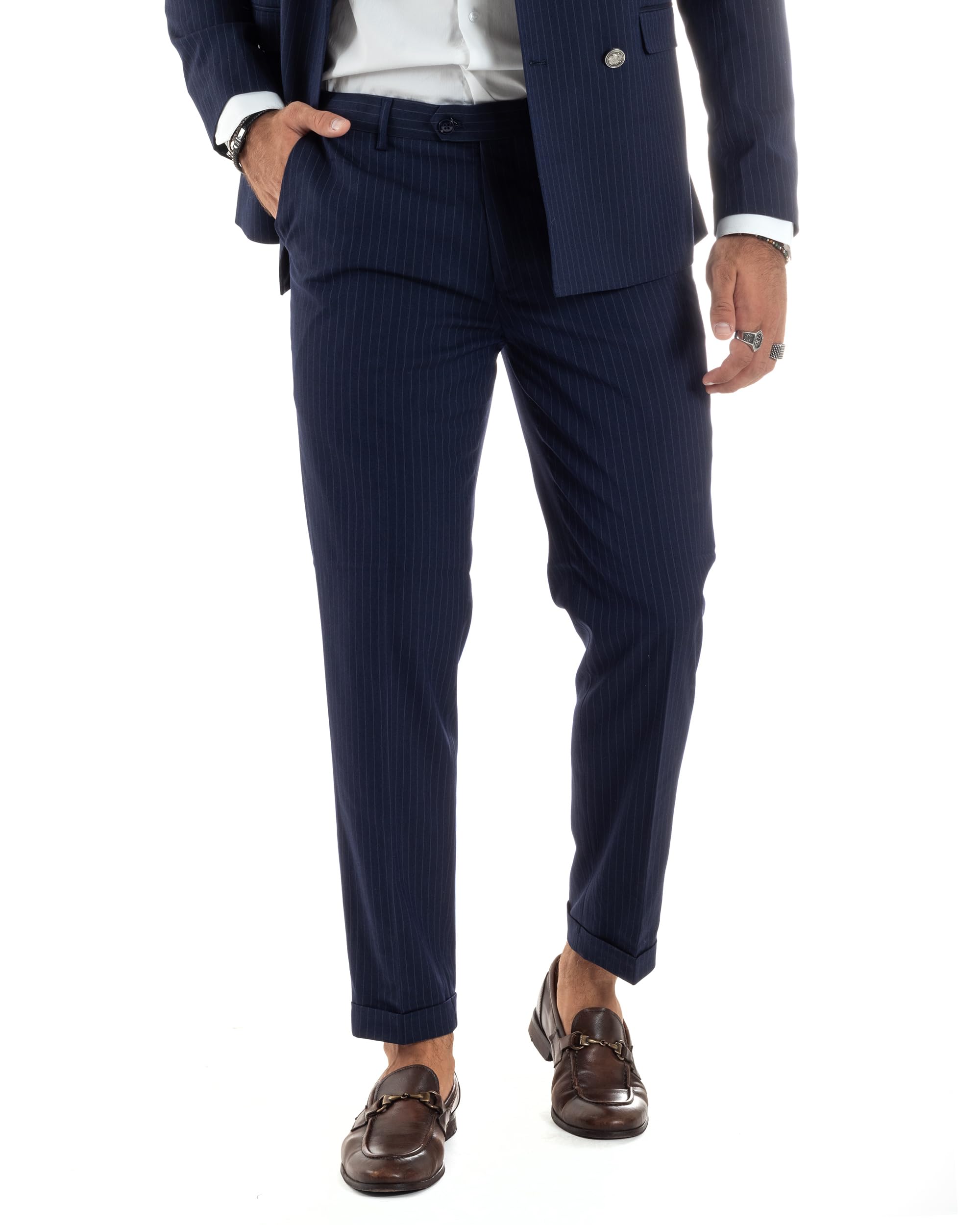Abito Uomo Doppiopetto Vestito Completo Rigato Elegante Sartoriale Giacca Pantaloni Bottoni Metallo Fantasia Gessata Vari Colori