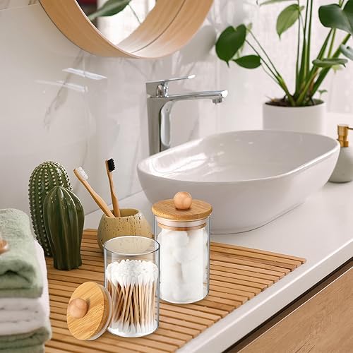 Miniatura 6 de Paquete de 6 tarros de boticario de vidrio con tapas, accesorios de baño de bambú, bolas de algodón, almohadillas para hisopos, frascos de baño para