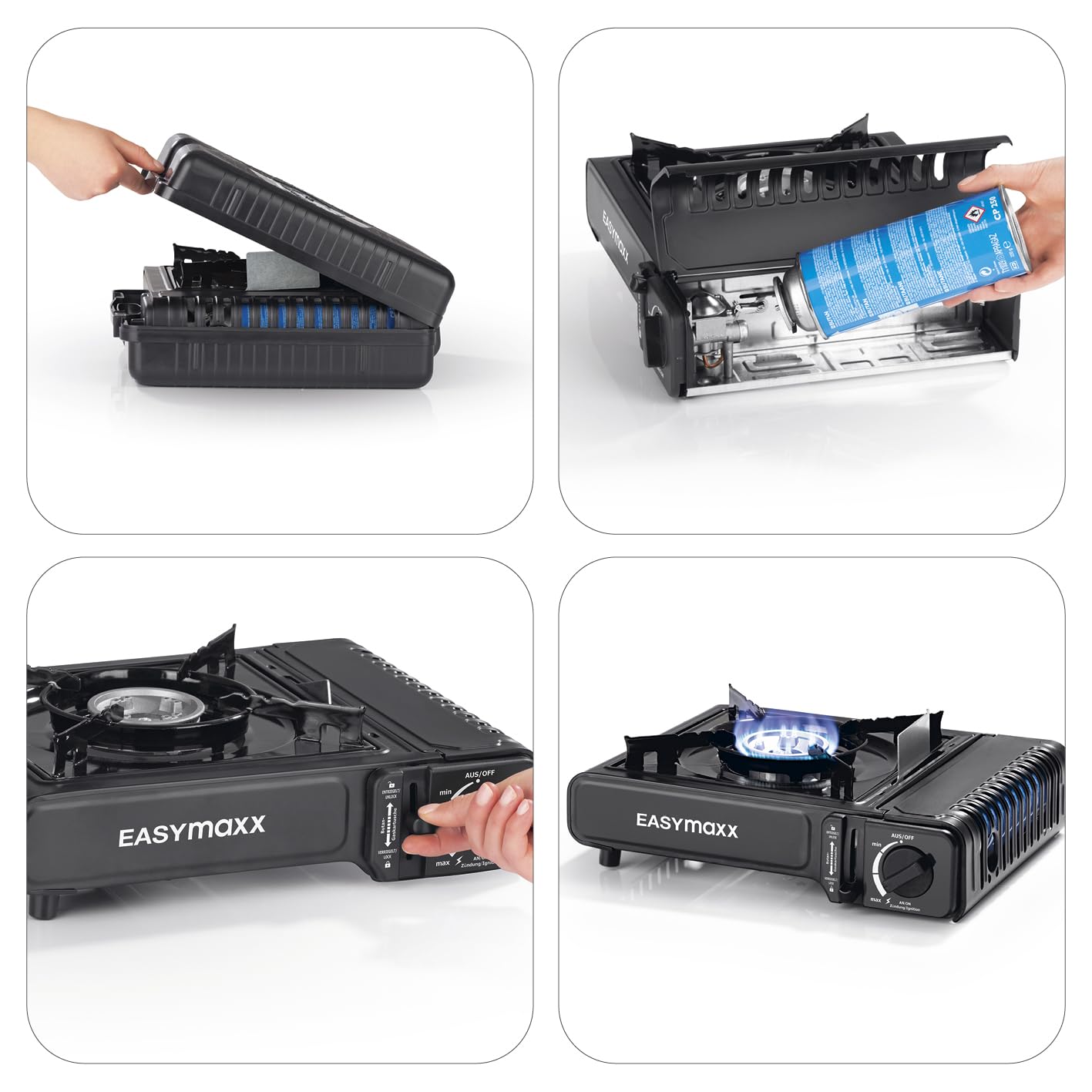 EASYmaxx, Estufa de gas portátil, compacta con estuche de transporte, estufa de exterior de ajuste continuo con encendido piezoeléctrico automático, ideal para el camping