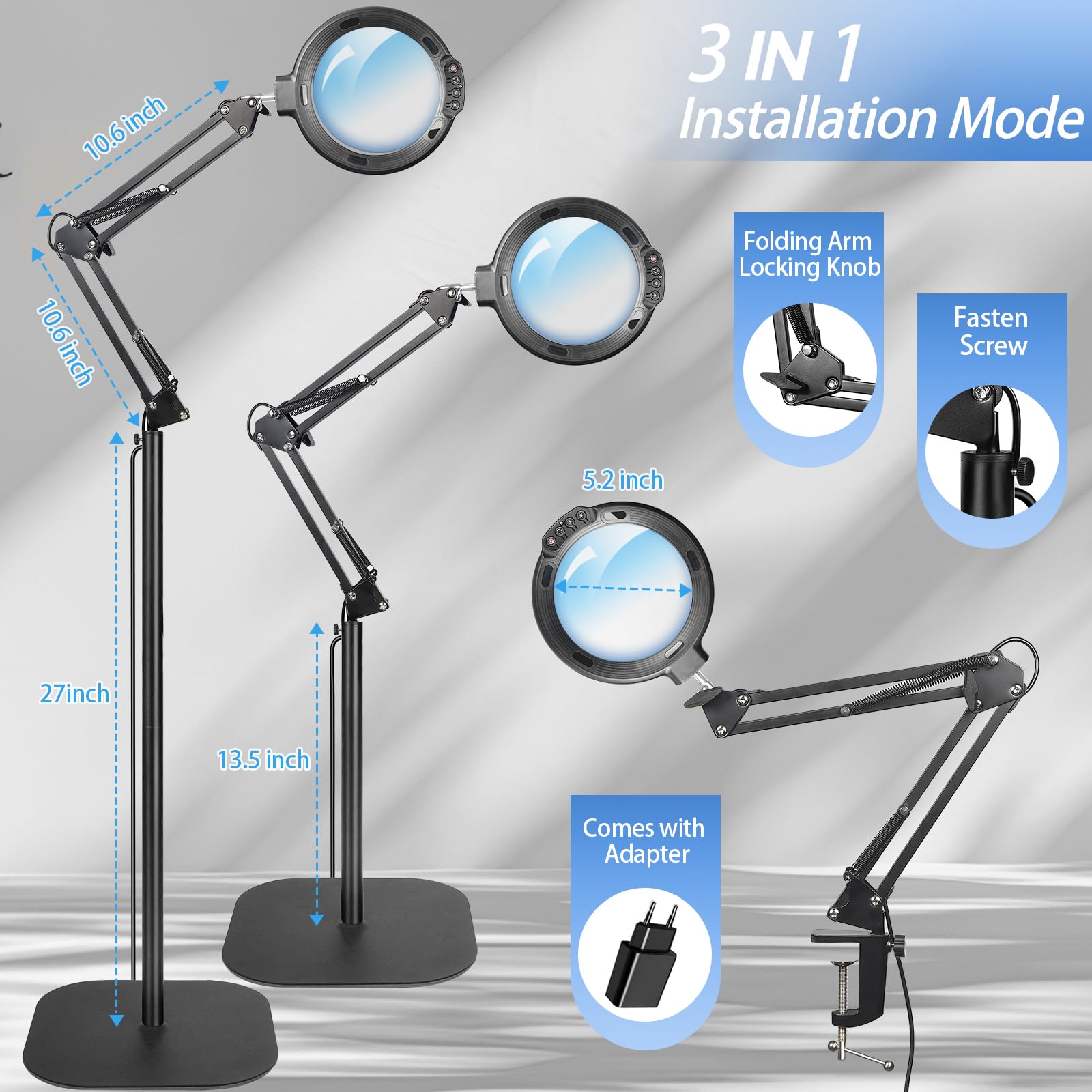 Lupa de suelo con luz y soporte, 12 lupas flexibles con 54 LED, 5 modos de color regulable sin niveles, con manos libres, lupa iluminada para leer, coser, manualidades, trabajo fino