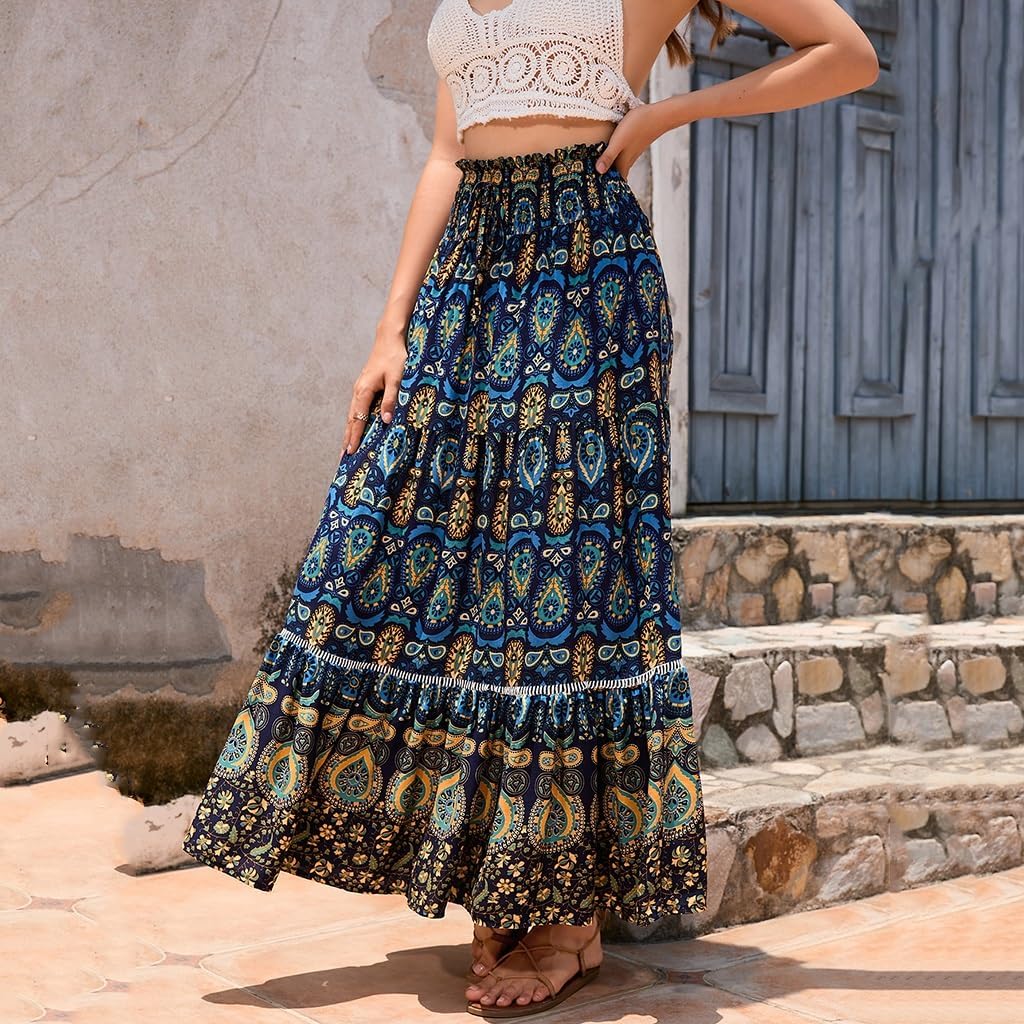 女性用自由奔放に生きる伸縮性ウエストプリントプリーツミディスカート フリルハイウエストカジュアルロング流れるようなAラインスカート