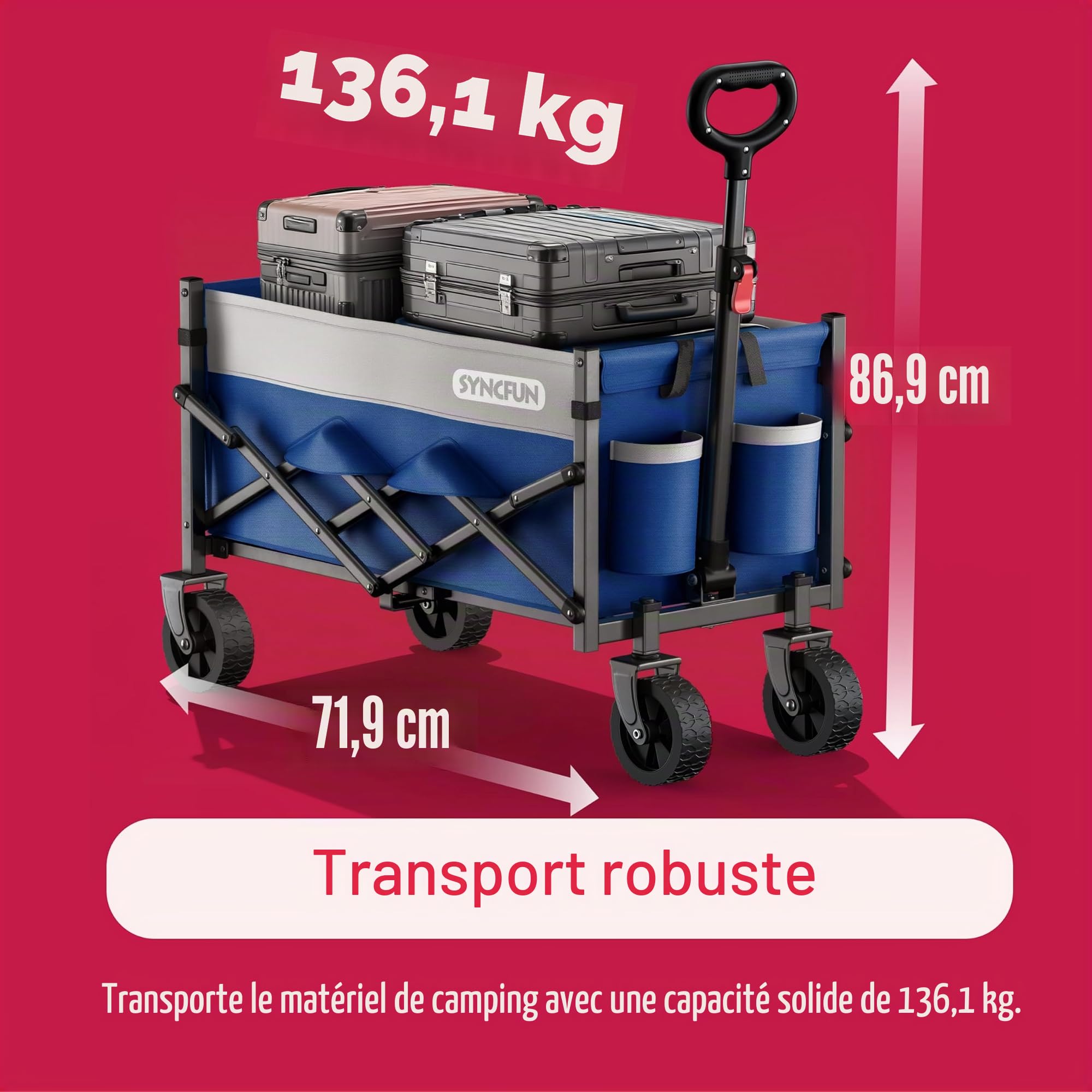 SYNCFUM Chariot de Chariot Pliable avec Roues, Robuste, 250 kg, avec poignée Flexible, Chariot Utilitaire de Plage pour Jardin, Camping et Bleu