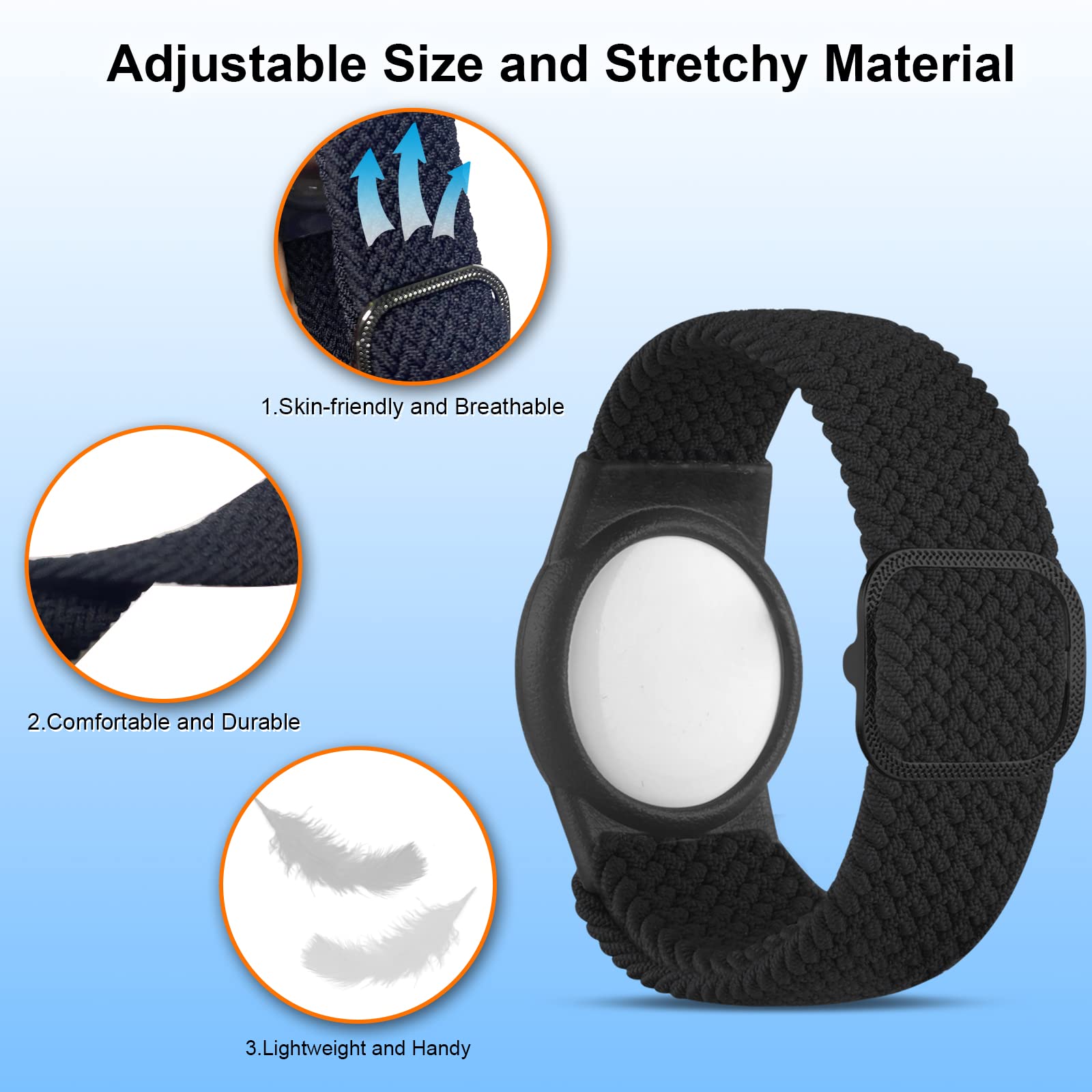 Yizhet Airtag Bracelet, Adjustable Size for 14.9-23.9cm, Soft Nylon Wristband for Adults, Kids, Toddlers, Elderly (Black)