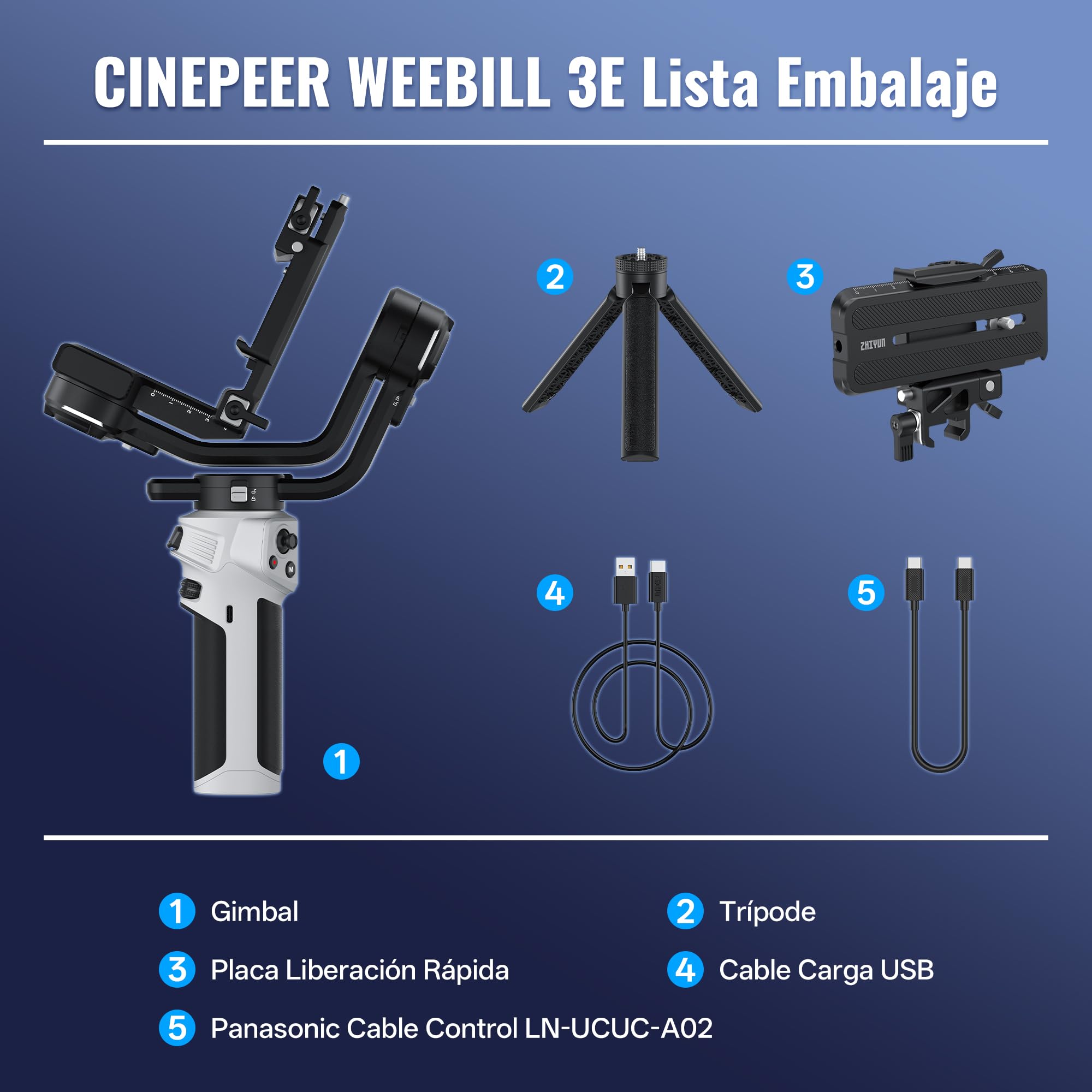 ZHIYUN CINEPEER Weebill 3E [Oficial] Estabilizador de Cámara Ligero, 3 Ejes Gimbal Camara DSLR y Mirrorless, Cable de Control Panasonic LN-UCUC-A02, Disparo Vertical Nativo, 2.5 Modo Grip Sling