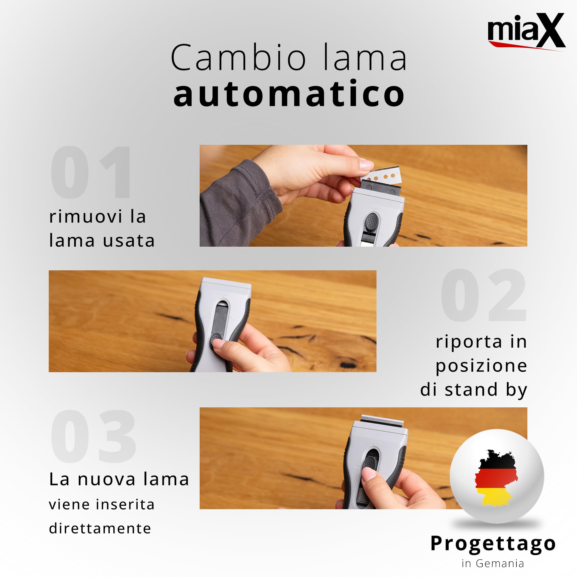 miaX Premium Spatola Multiuso 2.0 – Raschietto rimuovi silicone, con 8 lame di ricambio integrate – per piano induzione, vetro, adesivi, vernici