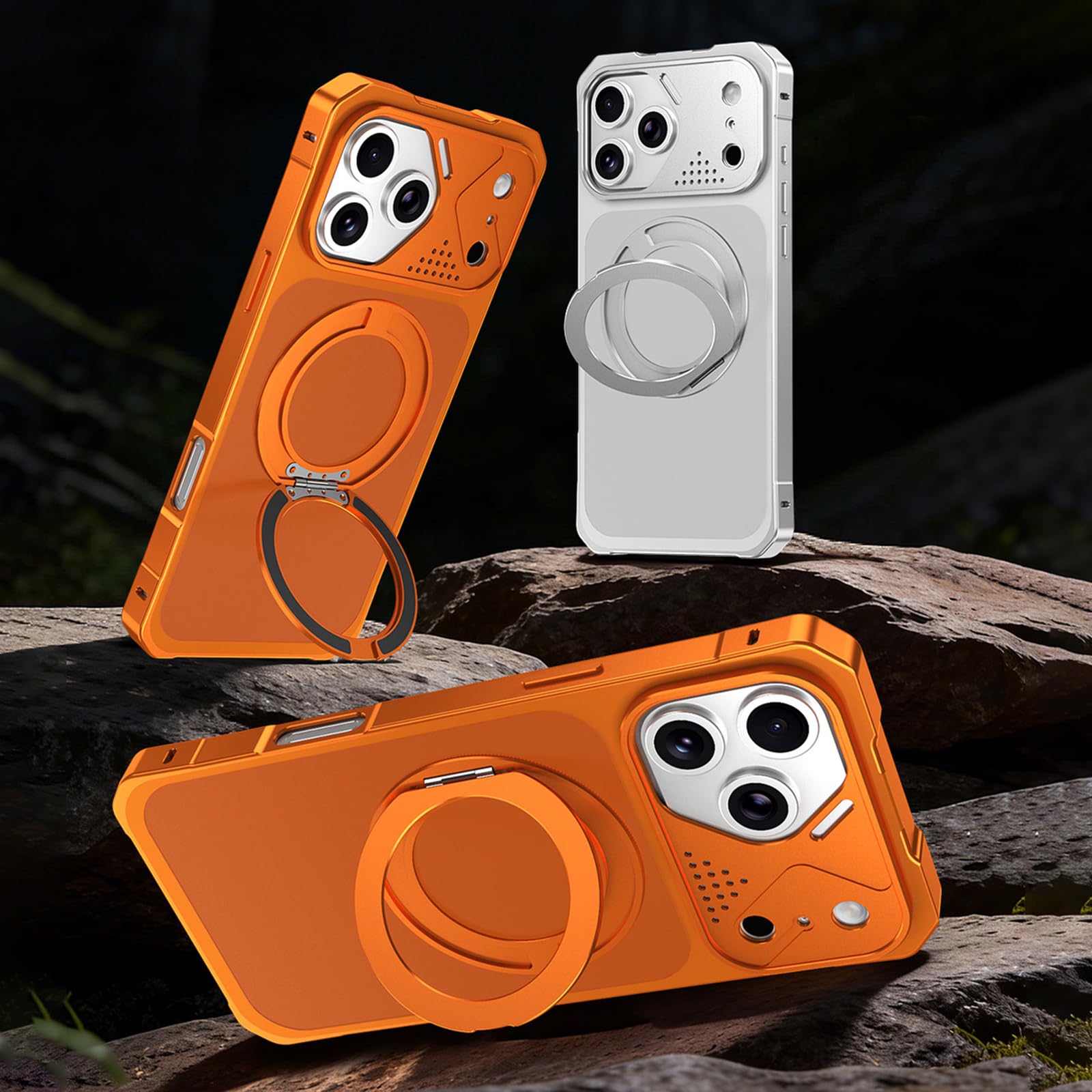Magnetisch Hülle für iPhone 17 Pro Max/17 Pro/17, Dünne Metall Rahmen rutschfeste Schutzhülle mit Drehbar Ring Ständer Handyhülle,Schwarz,17 Pro