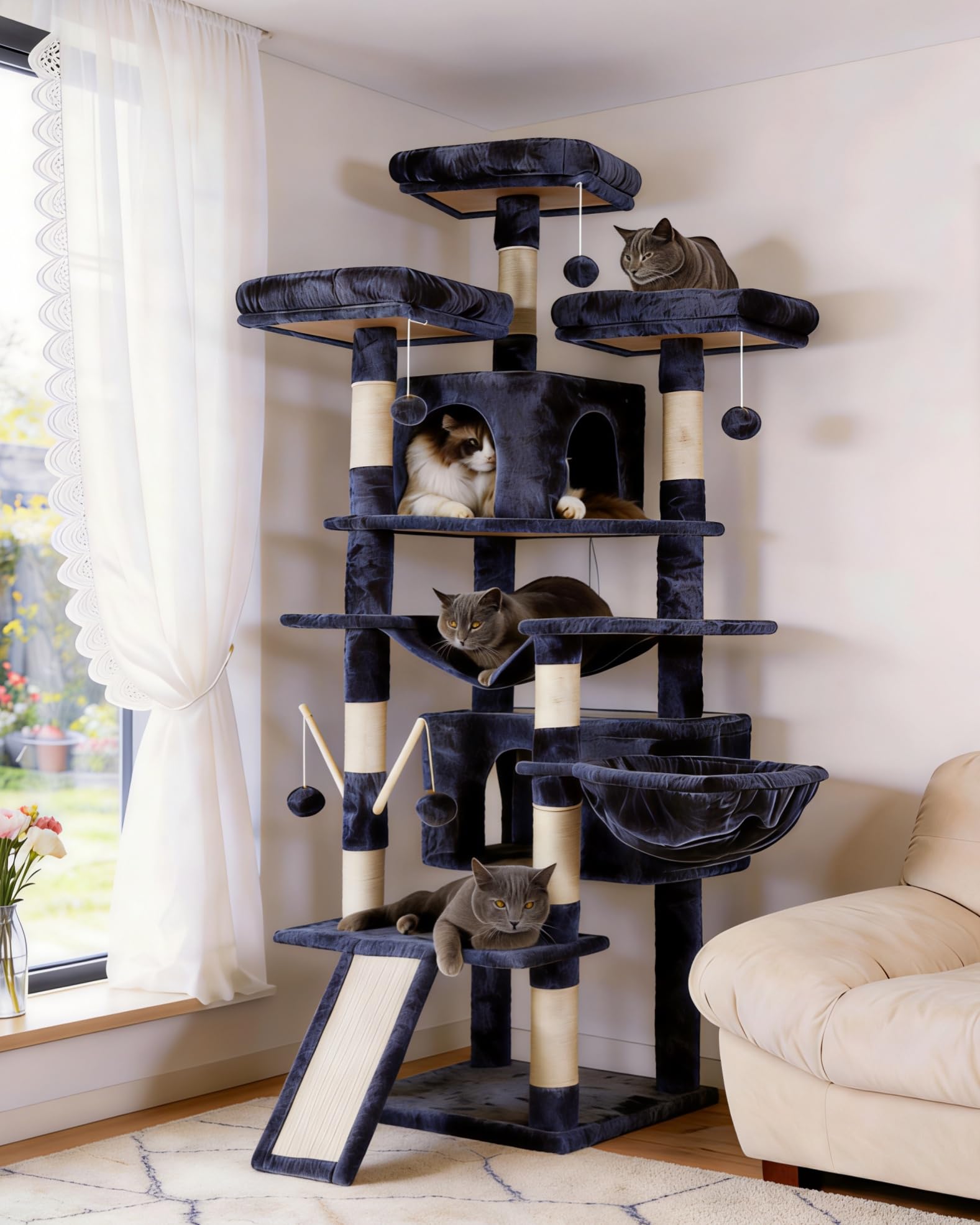 Hey-brother Cat Tree, 71 inches XL Large Cat Tower for Indoor Cats, Multi-Level Cat House with 3 Padded Perches, Big Scratcher, Cozy Basket, 2 Cat Condos and Scratching Posts, Smoky Gray MPJ034G