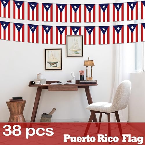 Miniatura 6 de Banderín de bandera de Puerto Rico  38 banderas, 42 pies pequeñas mini banderas puertorriqueñas para decoración de campo, escuela, fiesta, eventos