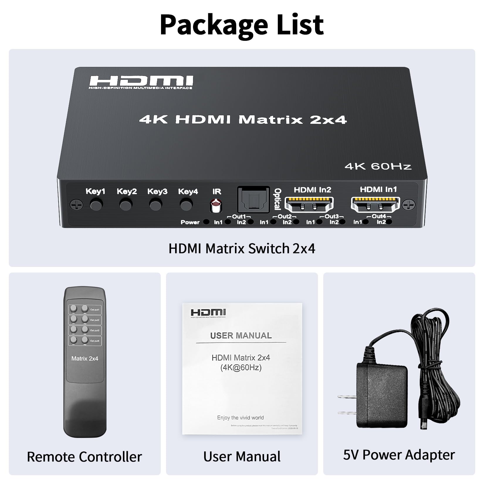 Interruttore a matrice HDMI 4K 2x4, 2 in 4 Out Matrix HDMI 2.0 Video Switcher Splitter, uscita audio ottica e 3,5 mm, supporto 4K 60Hz HDR HDCP2.2, 18 Gbps, con telecomando IR per NS PS5 Fire Stick