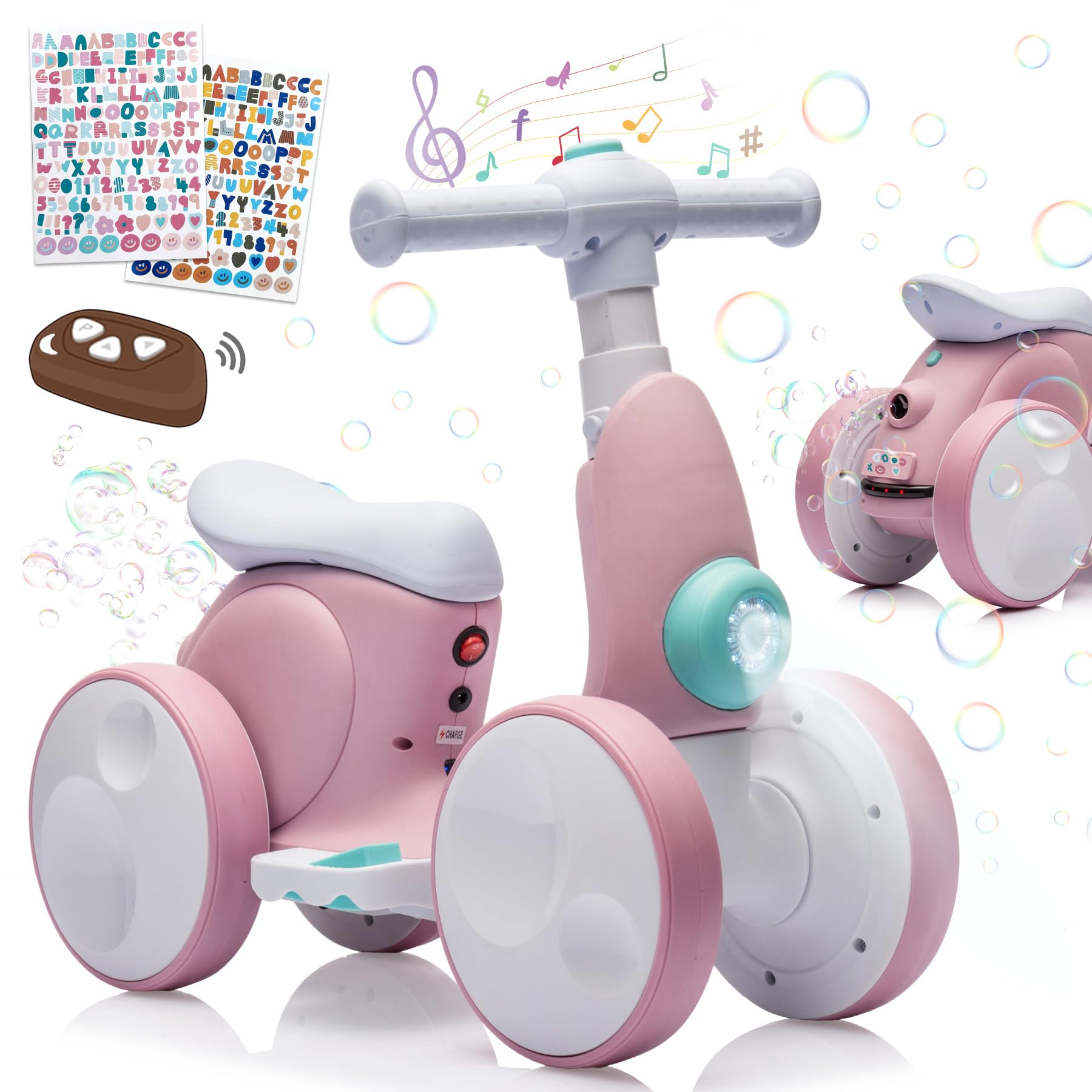 VITONIS Bicicletta elettrica per bambini con macchina per bolle di sapone per bambini di 1 anno, bicicletta 4 in 1 per bambini con musica, luci LED, giocattolo regalo per 12-48 mesi