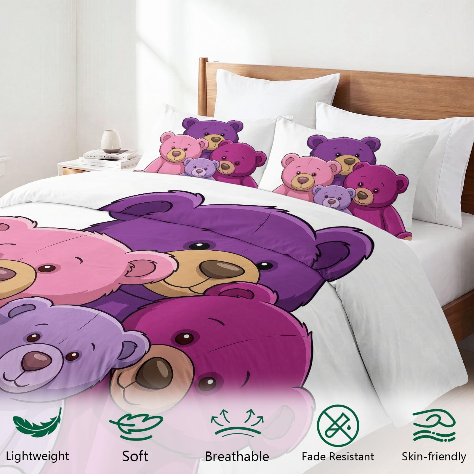 Generisch Bettwäsche Set 3-teilig 200 x 200 cm, Verträumt Aquarell Kinderbettwäsche Mikrofaser mit Reißverschluss - Bettbezug Handgezeichnet Teddybär für Jungen Mädchen Weiß Bettwaren