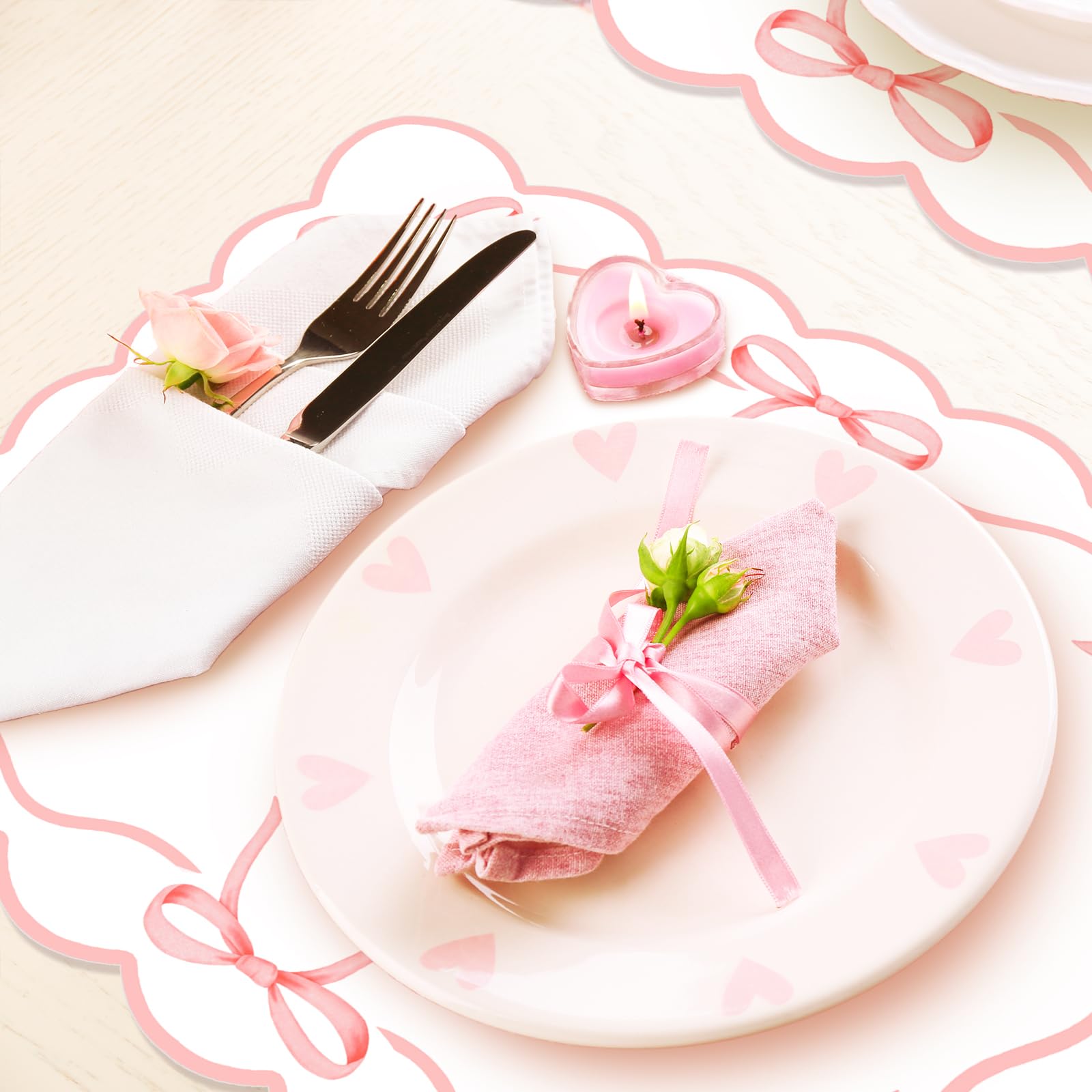 JarThenaAMCS 50 hojas de mantel individual de papel con lazo rosa festoneado con lazo, bonito mantel individual desechable para mesa de cena de despedida de soltera, 16.5 x 12.9 pulgadas