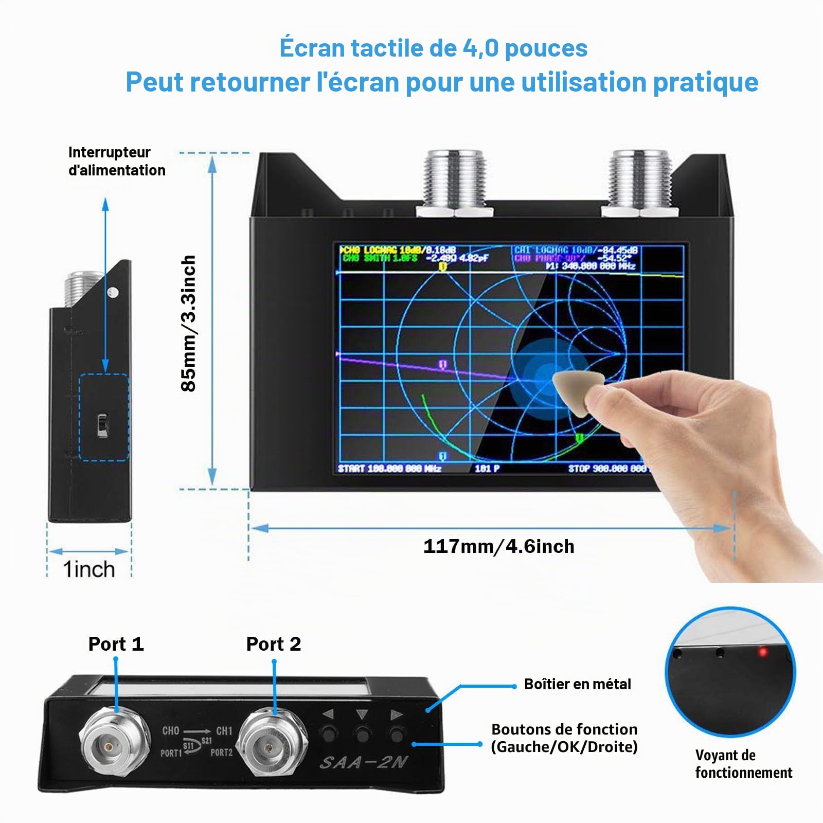 AURSINC NanoVNA SAA-2N V2.2 Analyseur de réseau vectoriel, 50KHz-3GHz 4" Écran tactile HF VHF UHF VNA Analyseur d’antenne Radio amateur avec sac de rangement, Mesure des paramètres S, Duplexeur, VSWR