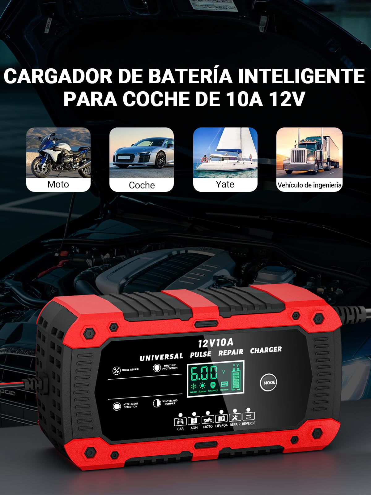 Cargador de Batería de Coche 12V 10A Cargador Baterias Coche y Moto con Pantalla Táctil LCD Inteligente y Múltiples Protecciones Cargador de Batería para Auto Moto Camión AGM, Gel, SLA